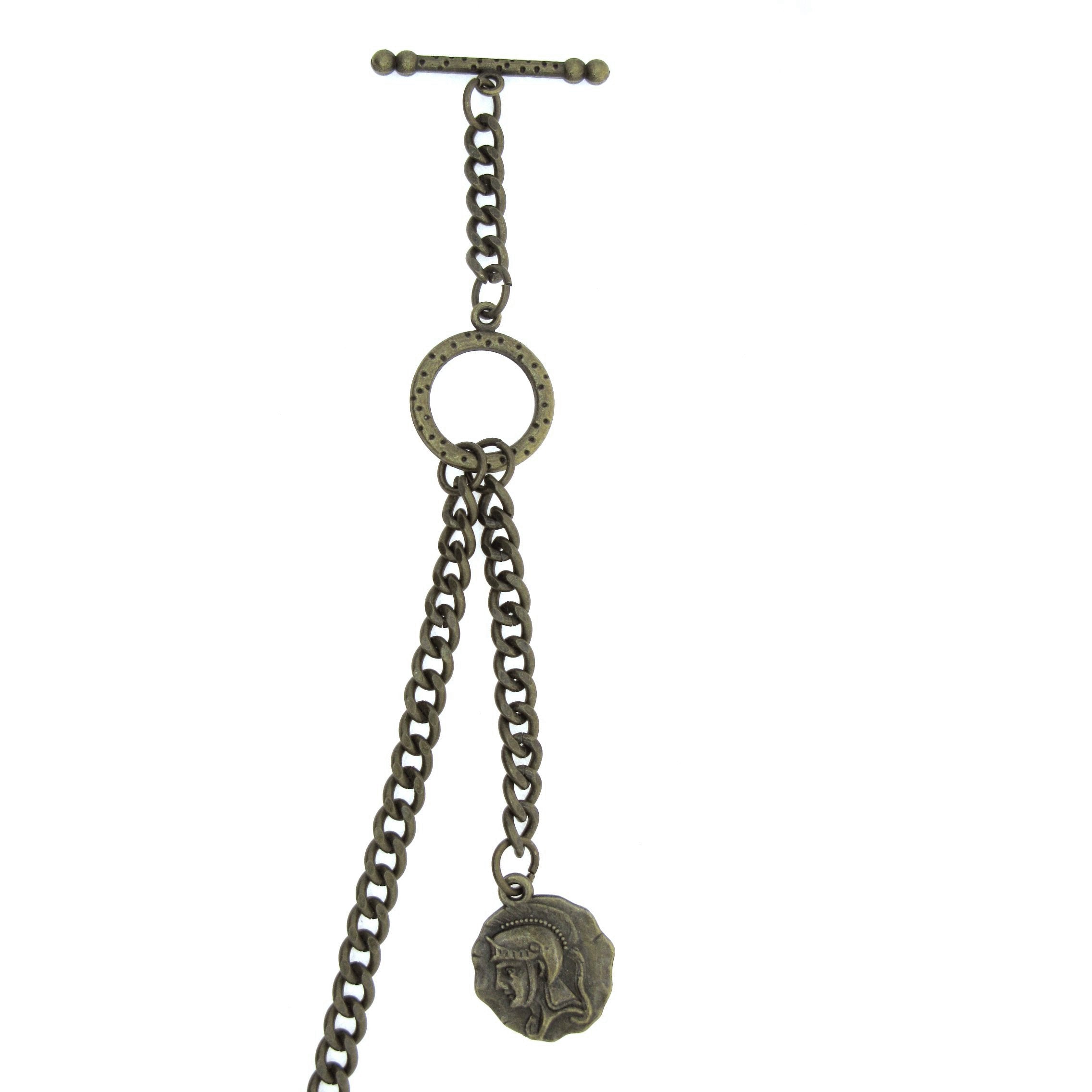 Albert Chain Pocket Watch Chains for Men Antique Brass Color with Ancient Soldier Medal Design Fob T Bar ACT92