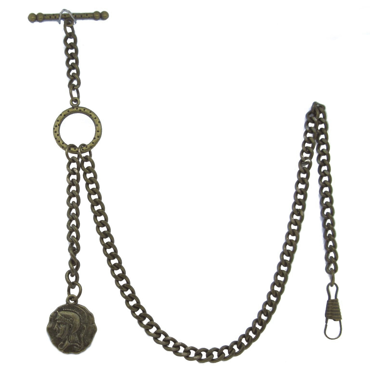 Albert Chain Pocket Watch Chains for Men Antique Brass Color with Ancient Soldier Medal Design Fob T Bar ACT92