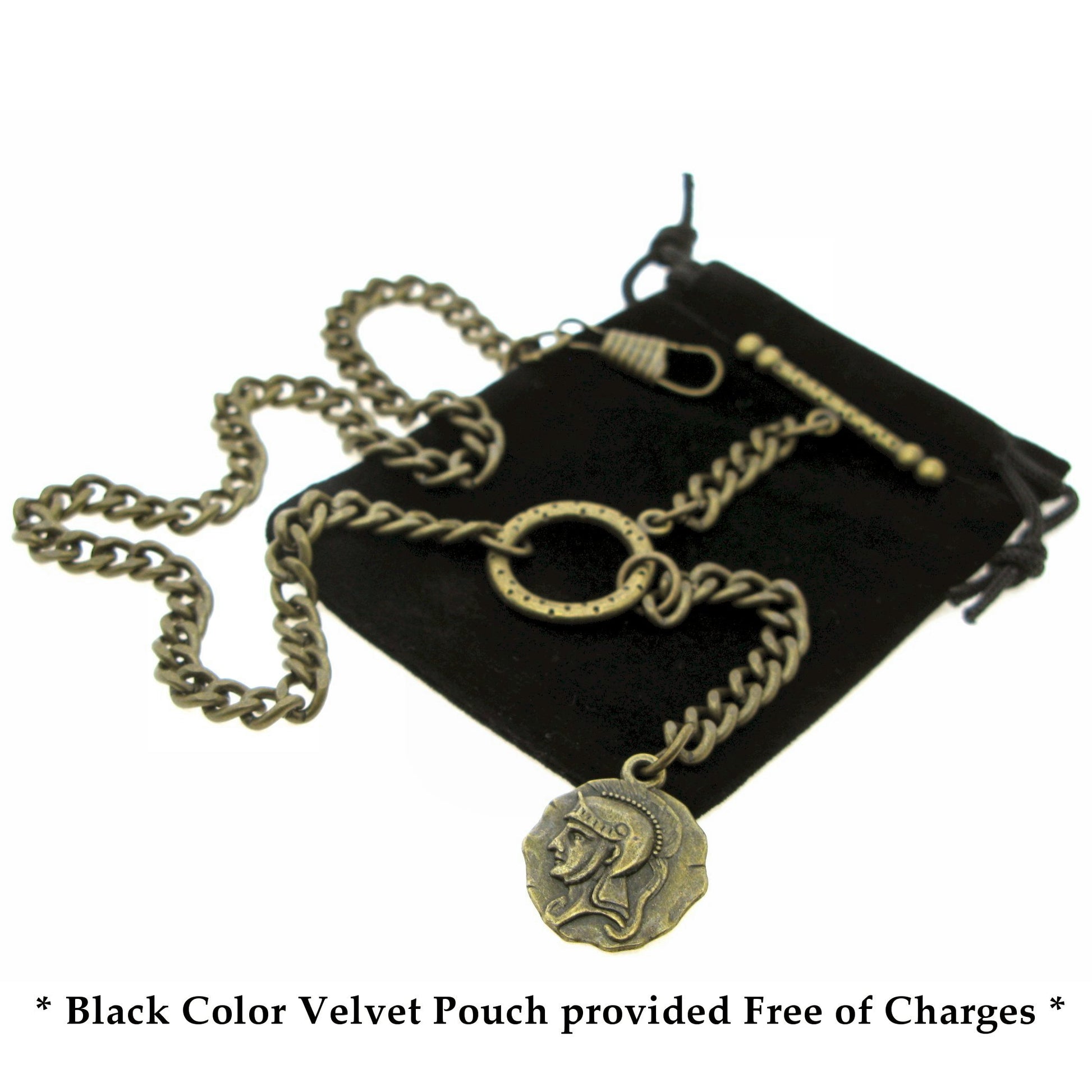 Albert Chain Pocket Watch Chains for Men Antique Brass Color with Ancient Soldier Medal Design Fob T Bar ACT92