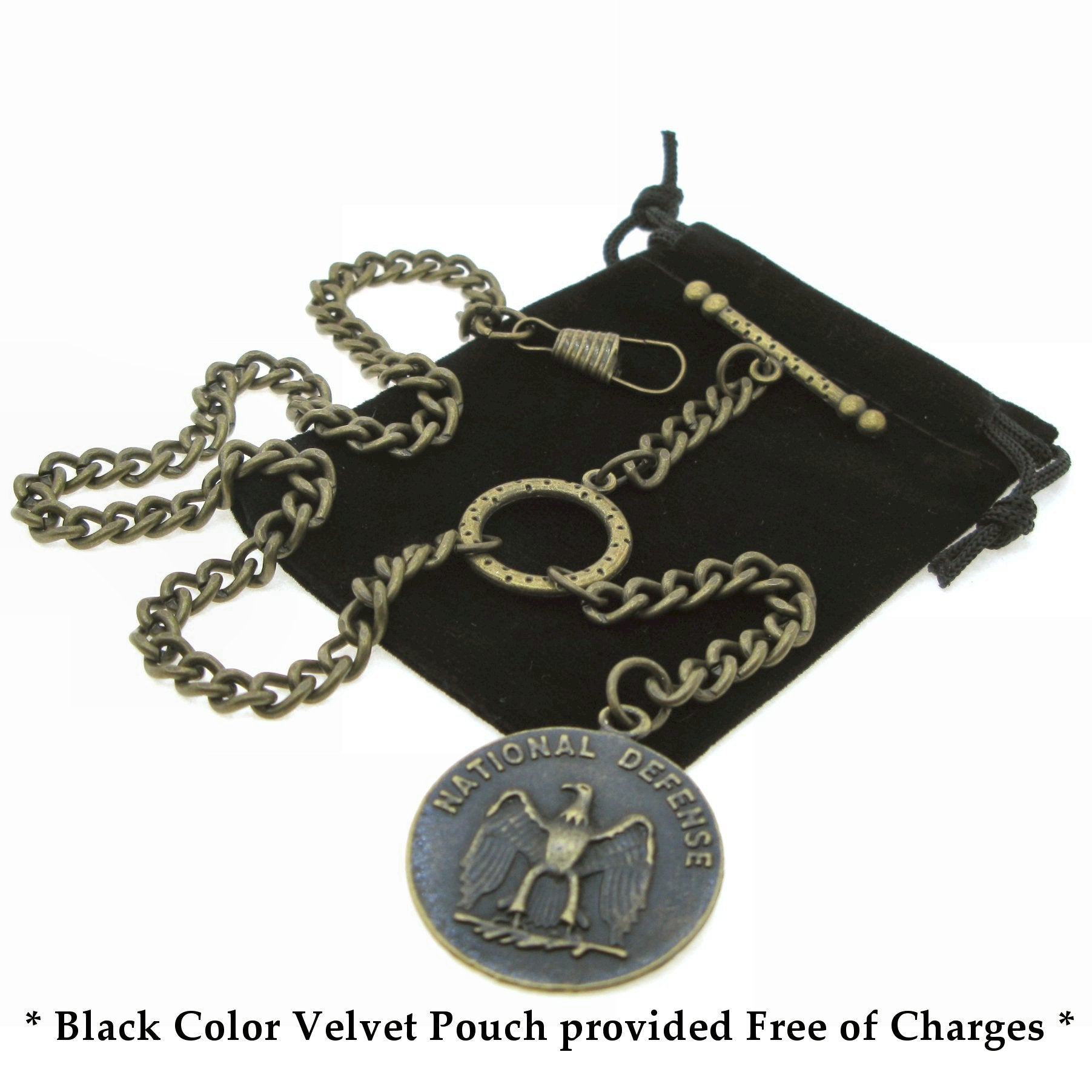 Albert Chain for Men Antique Brass Color with 32 MM Big Size US National Defense Eagle Medal Design Fob T Bar ACT95