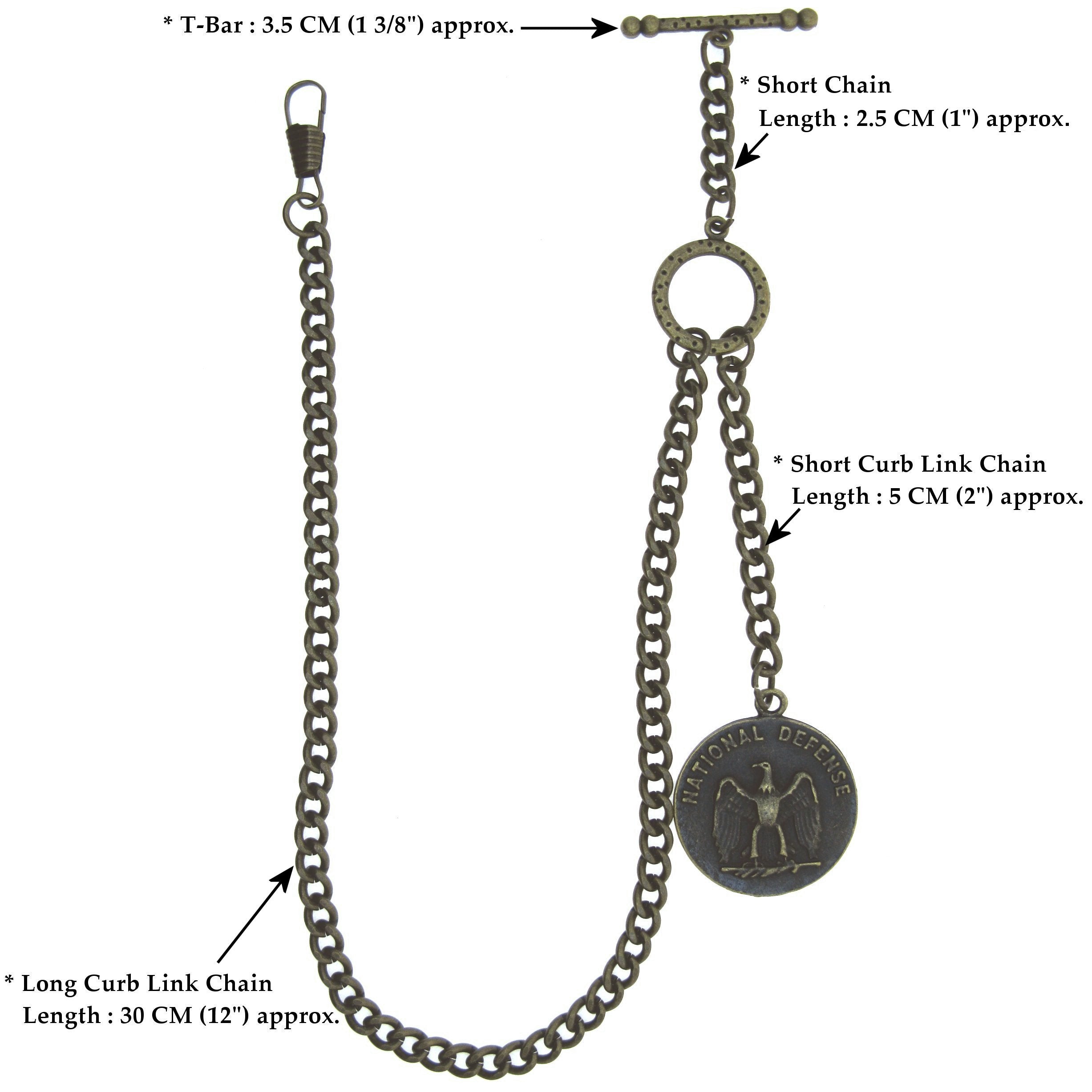 Albert Chain for Men Antique Brass Color with 32 MM Big Size US National Defense Eagle Medal Design Fob T Bar ACT95