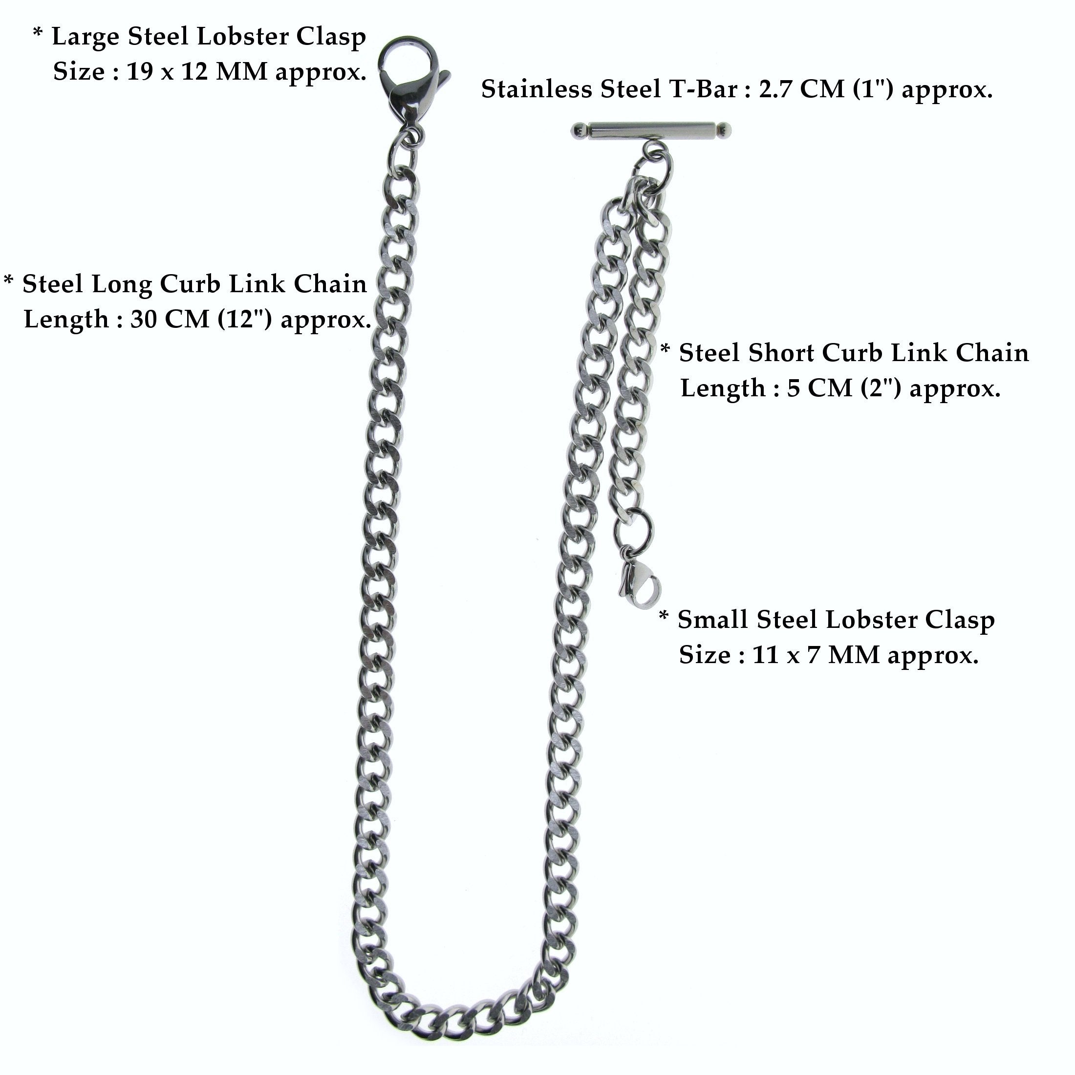 Albert Chain Pocket Watch Chains for Men All Real Stainless Steel with Steel T-Bar and Steel Lobster Clasp ACS01