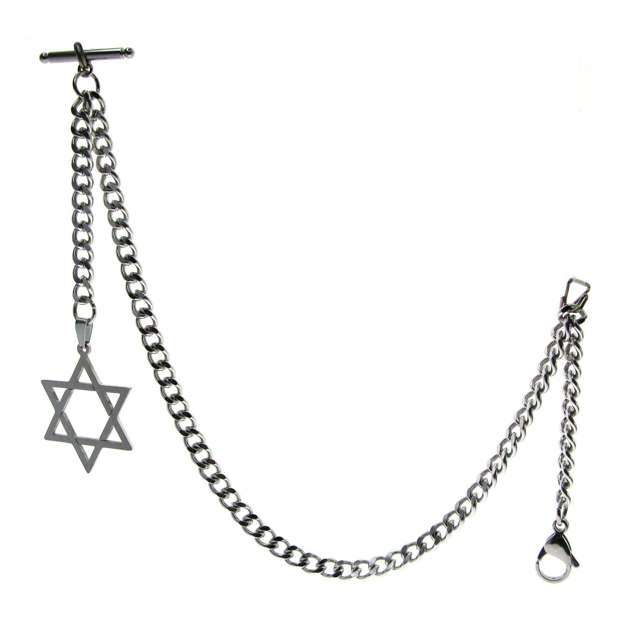 Albert Chain Pocket Watch Chains for Men All Real Stainless Steel with Steel T-Bar and Steel Star Design Fob ACS02