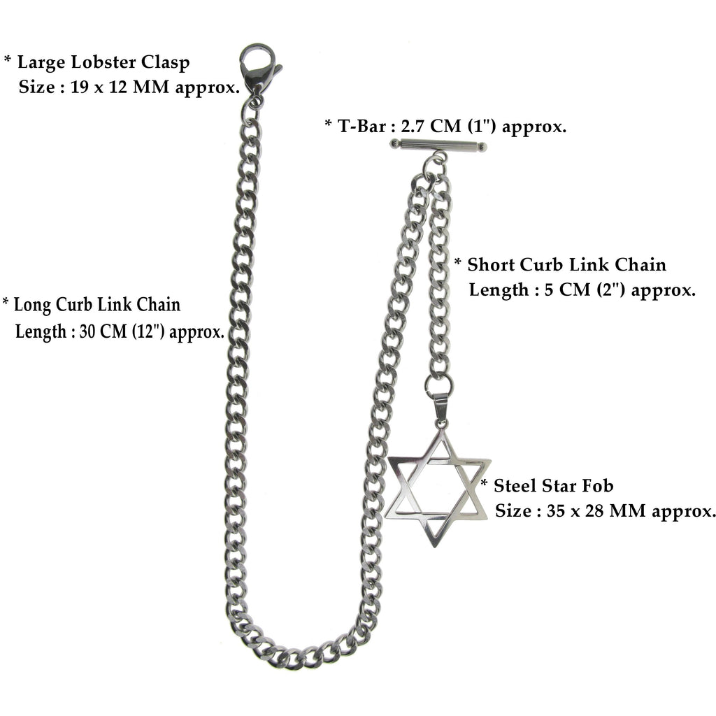 Albert Chain Pocket Watch Chains for Men All Real Stainless Steel with Steel T-Bar and Steel Star Design Fob ACS02