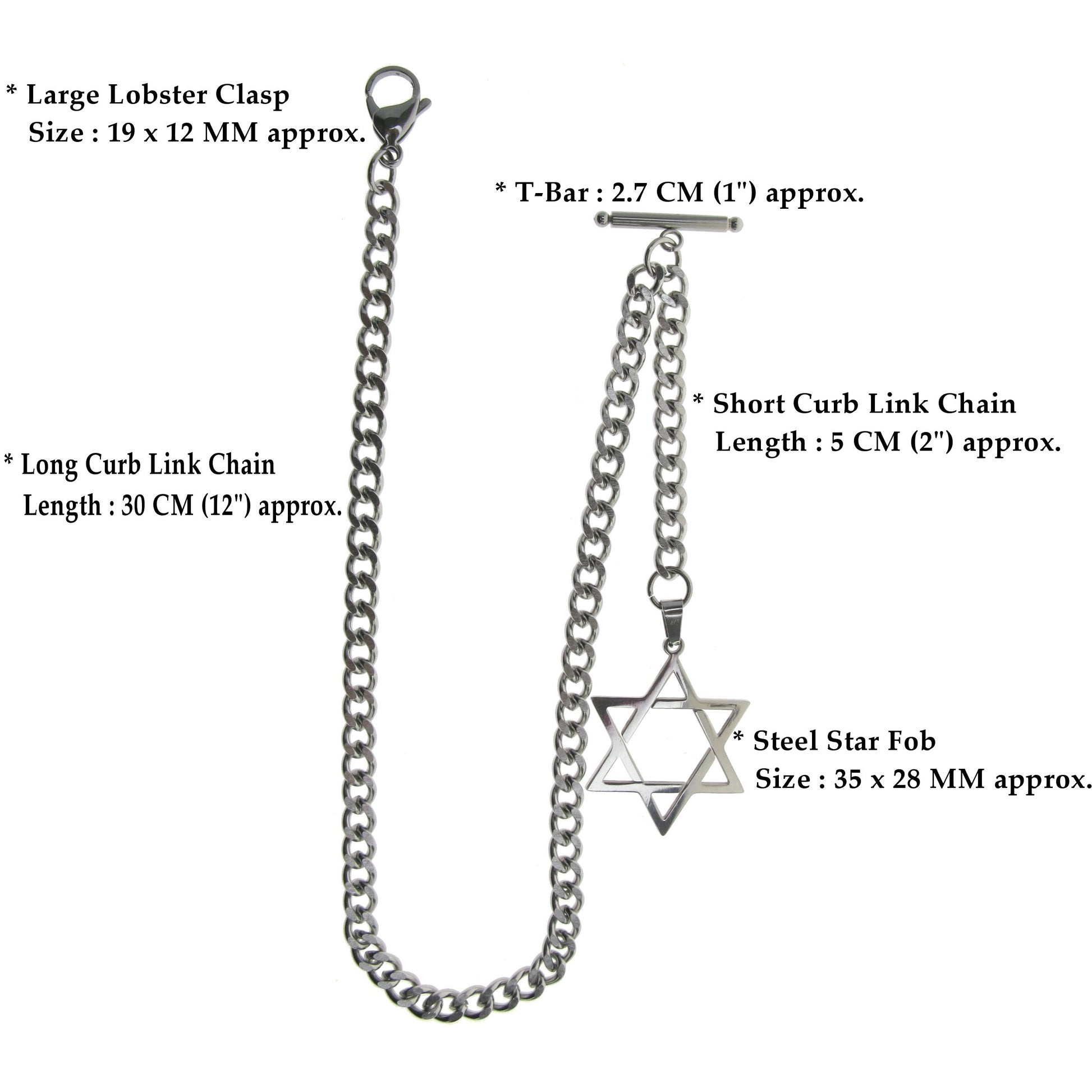 Albert Chain Pocket Watch Chains for Men All Real Stainless Steel with Steel T-Bar and Steel Star Design Fob ACS02