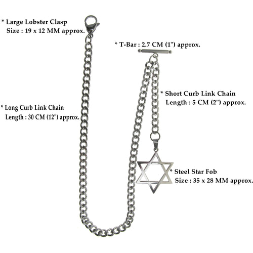 Albert Chain Pocket Watch Chains for Men All Real Stainless Steel with Steel T-Bar and Steel Star Design Fob ACS02