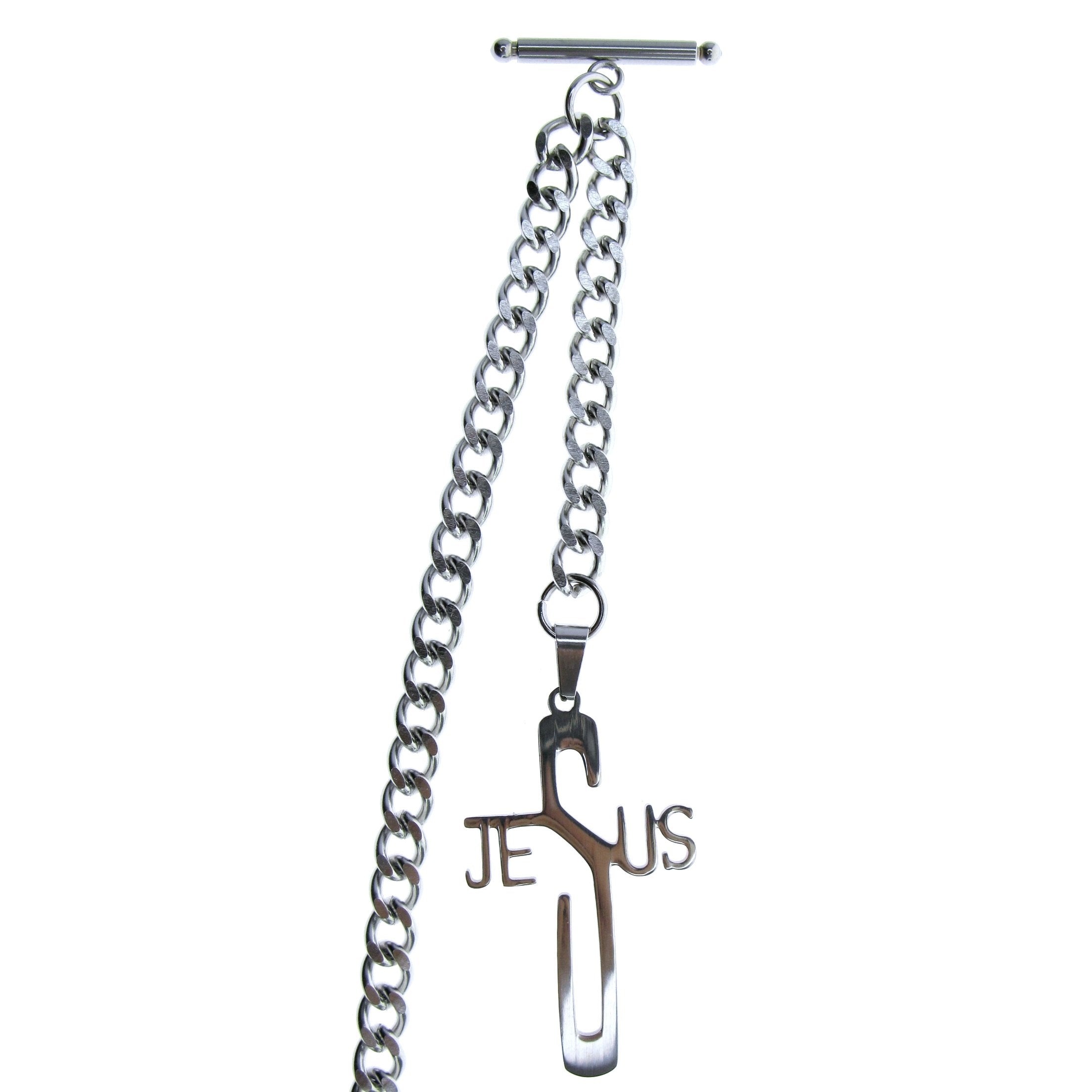 Albert Chain Pocket Watch Chains for Men All Real Stainless Steel with Steel T-Bar and Steel Religious Cross Fob ACS03