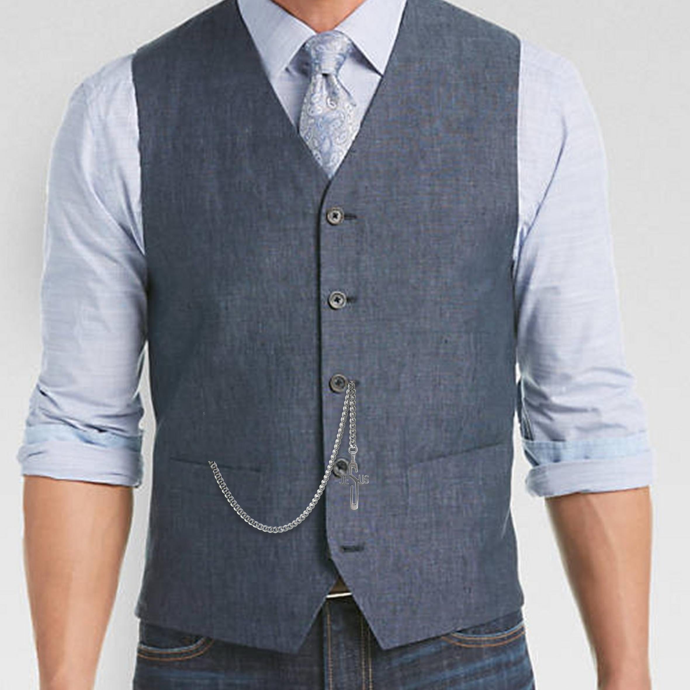 Albert Chain Pocket Watch Chains for Men All Real Stainless Steel with Steel T-Bar and Steel Religious Cross Fob ACS03