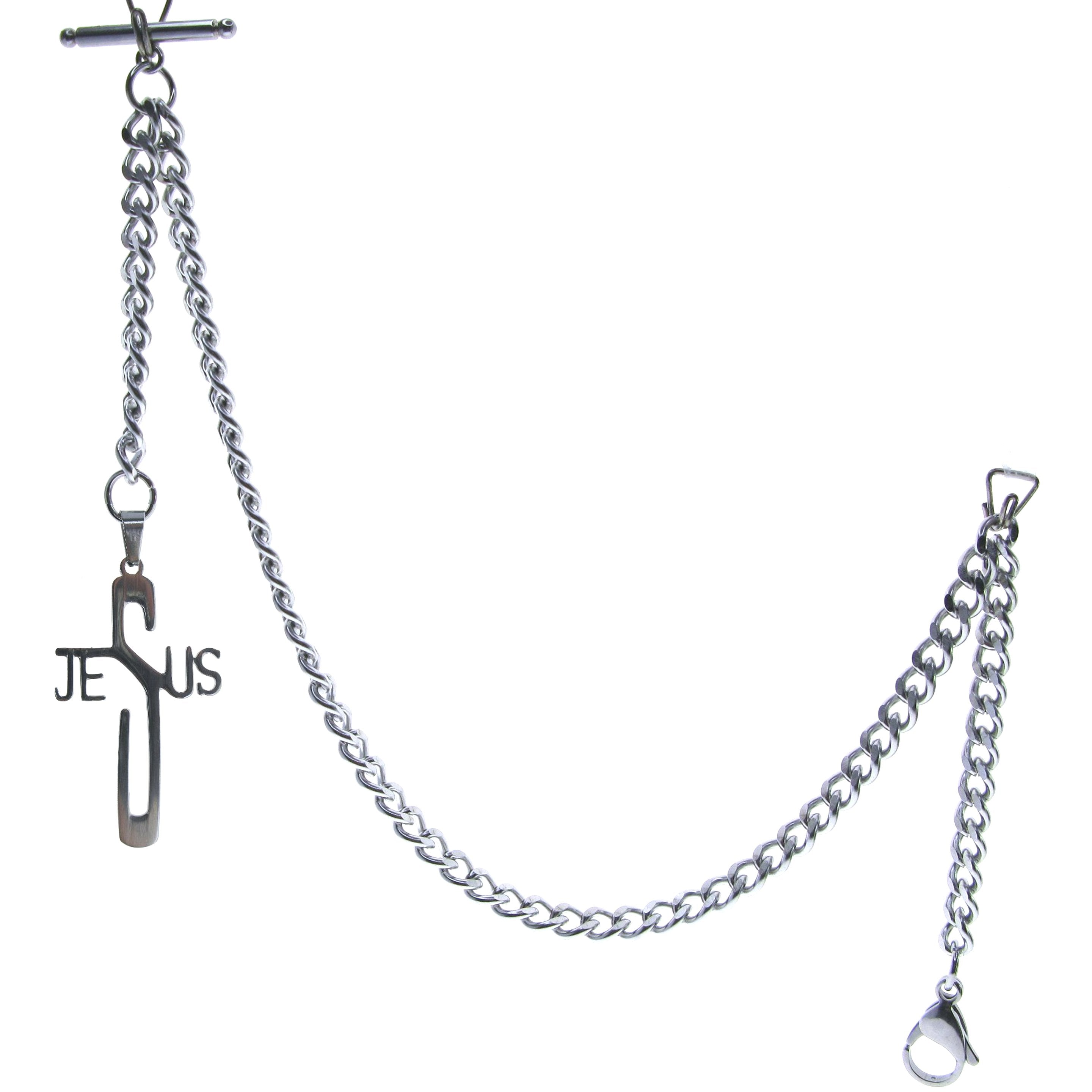 Albert Chain Pocket Watch Chains for Men All Real Stainless Steel with Steel T-Bar and Steel Religious Cross Fob ACS03