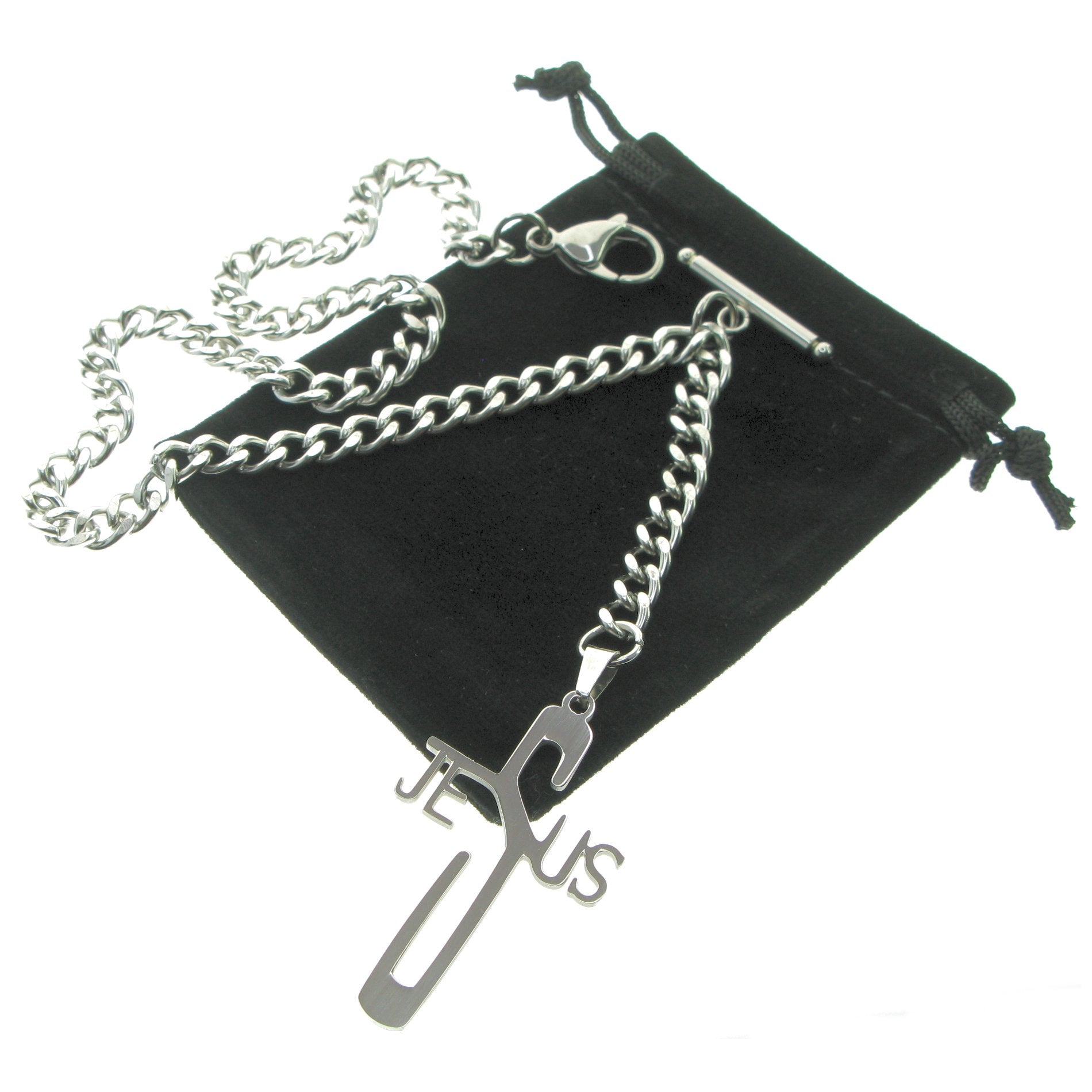 Albert Chain Pocket Watch Chains for Men All Real Stainless Steel with Steel T-Bar and Steel Religious Cross Fob ACS03
