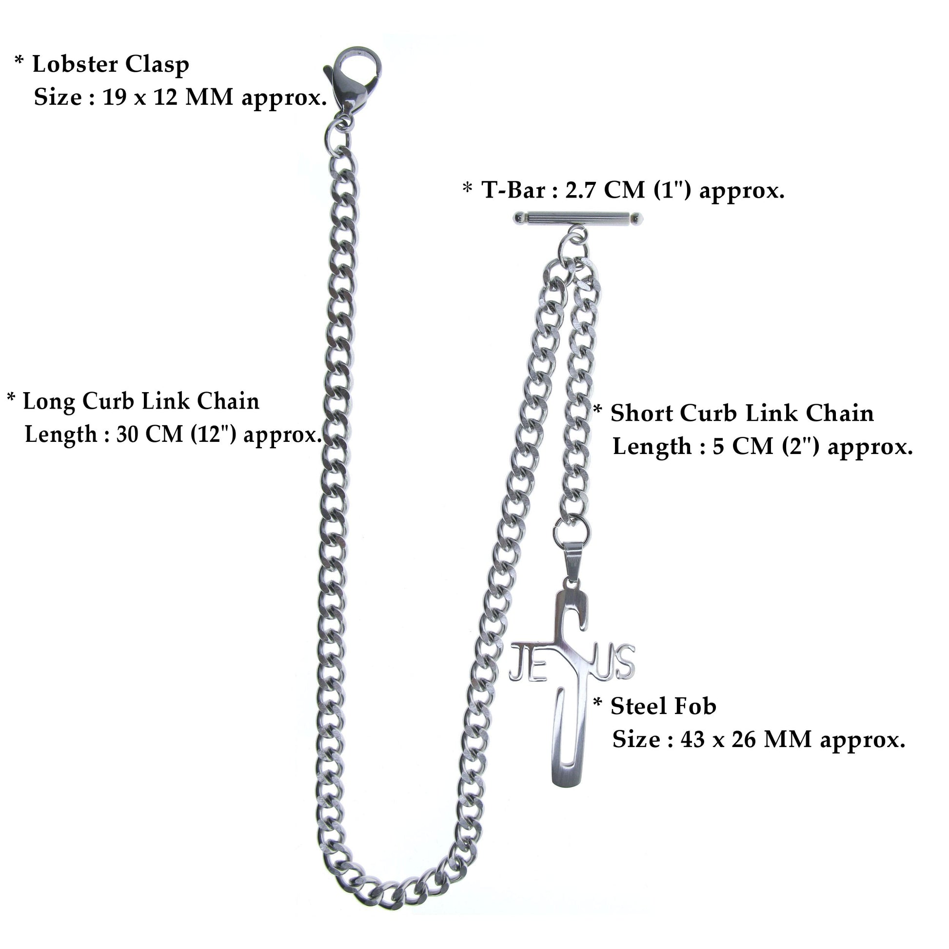 Albert Chain Pocket Watch Chains for Men All Real Stainless Steel with Steel T-Bar and Steel Religious Cross Fob ACS03