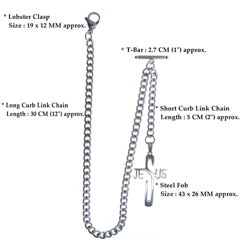 Albert Chain Pocket Watch Chains for Men All Real Stainless Steel with Steel T-Bar and Steel Religious Cross Fob ACS03