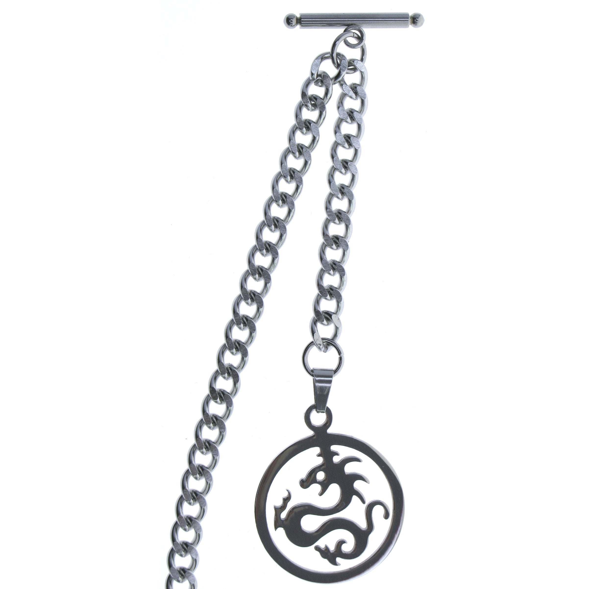 Albert Chain Pocket Watch Chains for Men All Real Stainless Steel with Steel T-Bar and Steel Dragon Design Fob ACS04
