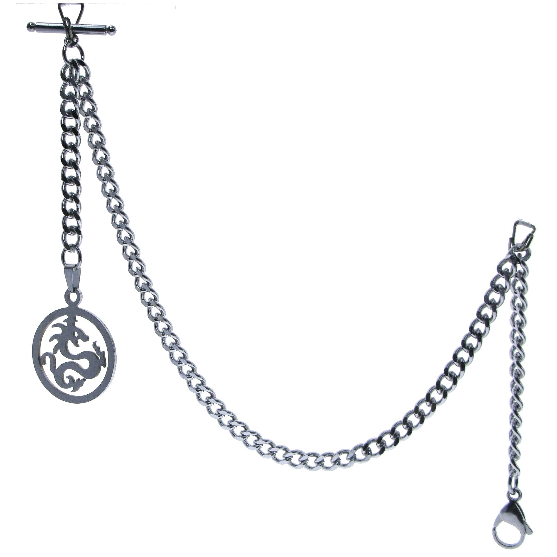 Albert Chain Pocket Watch Chains for Men All Real Stainless Steel with Steel T-Bar and Steel Dragon Design Fob ACS04