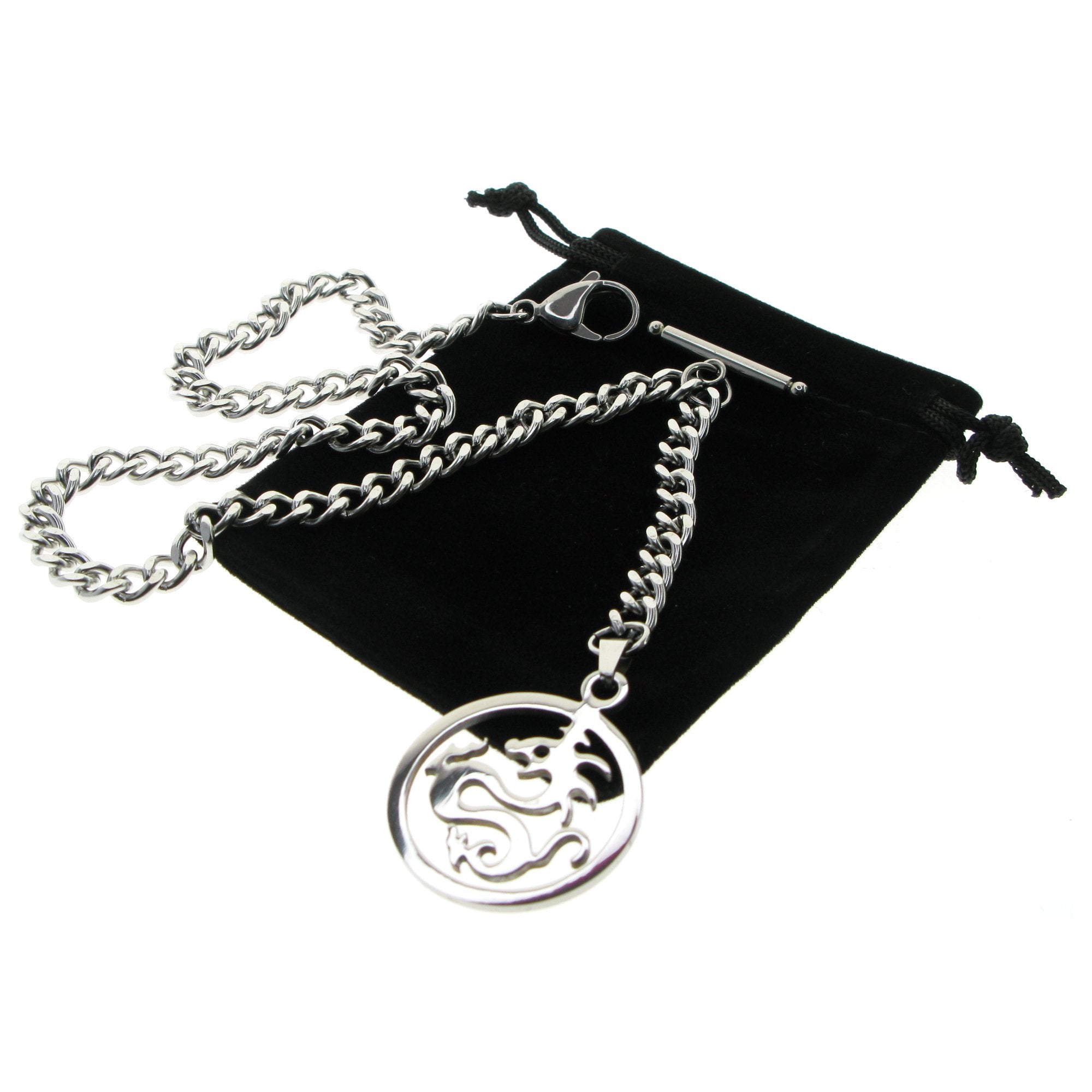 Albert Chain Pocket Watch Chains for Men All Real Stainless Steel with Steel T-Bar and Steel Dragon Design Fob ACS04