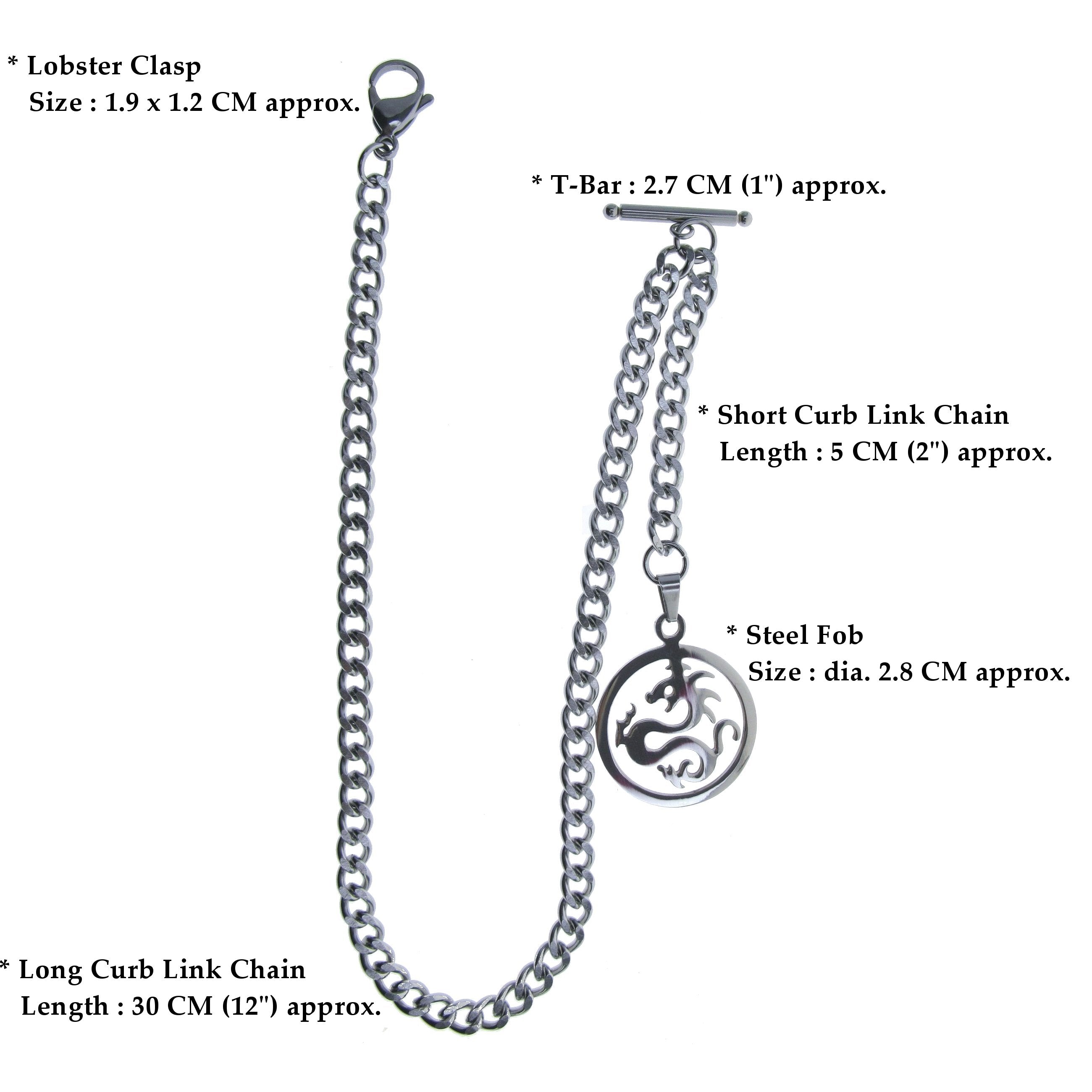 Albert Chain Pocket Watch Chains for Men All Real Stainless Steel with Steel T-Bar and Steel Dragon Design Fob ACS04