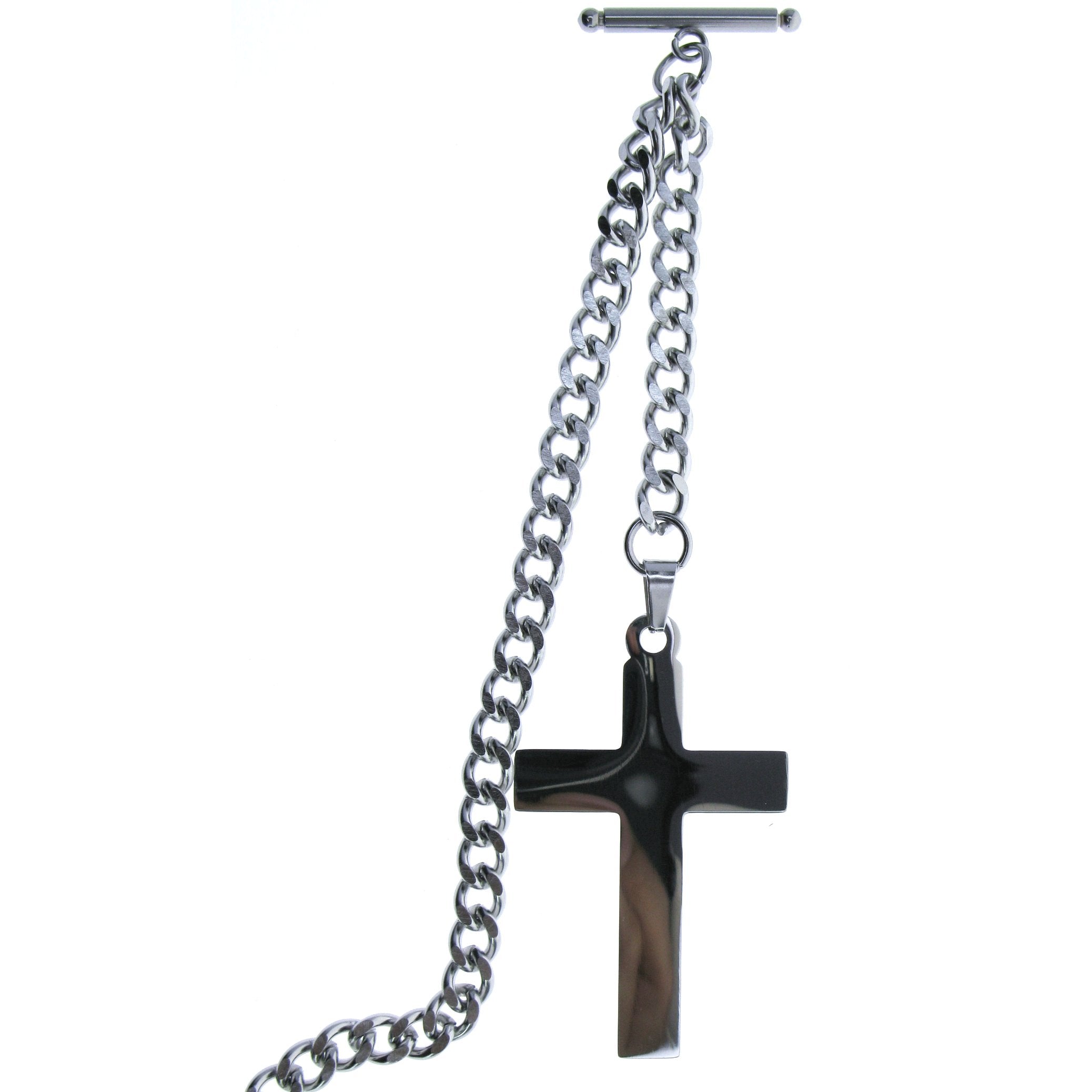 Albert Chain Pocket Watch Chains for Men All Real Stainless Steel with Steel T-Bar and Steel Religious Cross Fob ACS07