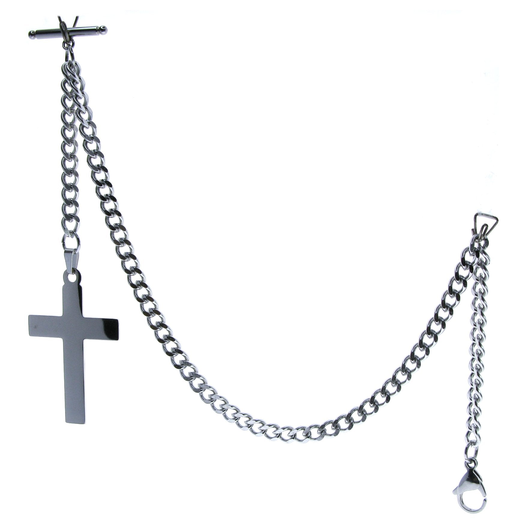 Albert Chain Pocket Watch Chains for Men All Real Stainless Steel with Steel T-Bar and Steel Religious Cross Fob ACS07