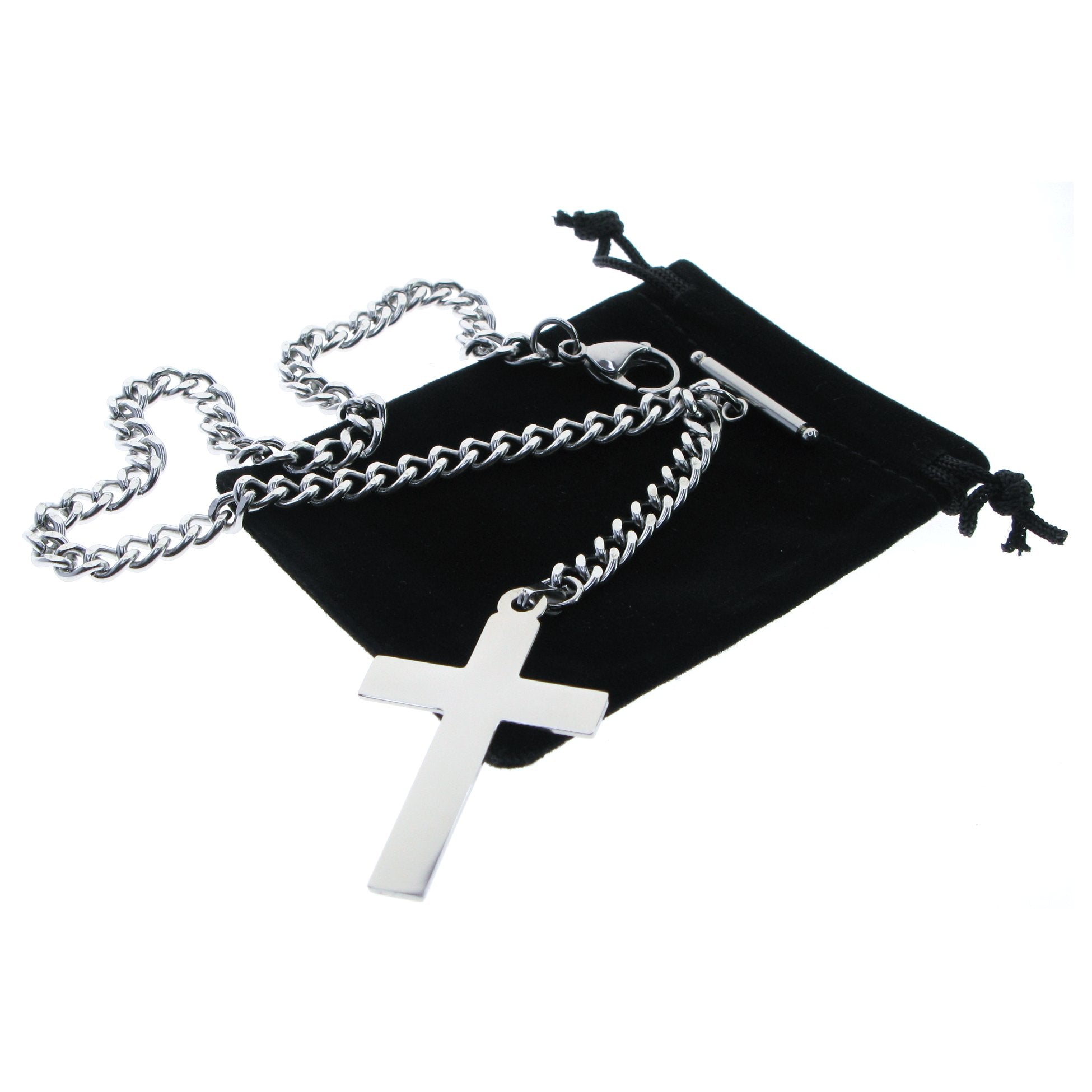 Albert Chain Pocket Watch Chains for Men All Real Stainless Steel with Steel T-Bar and Steel Religious Cross Fob ACS07