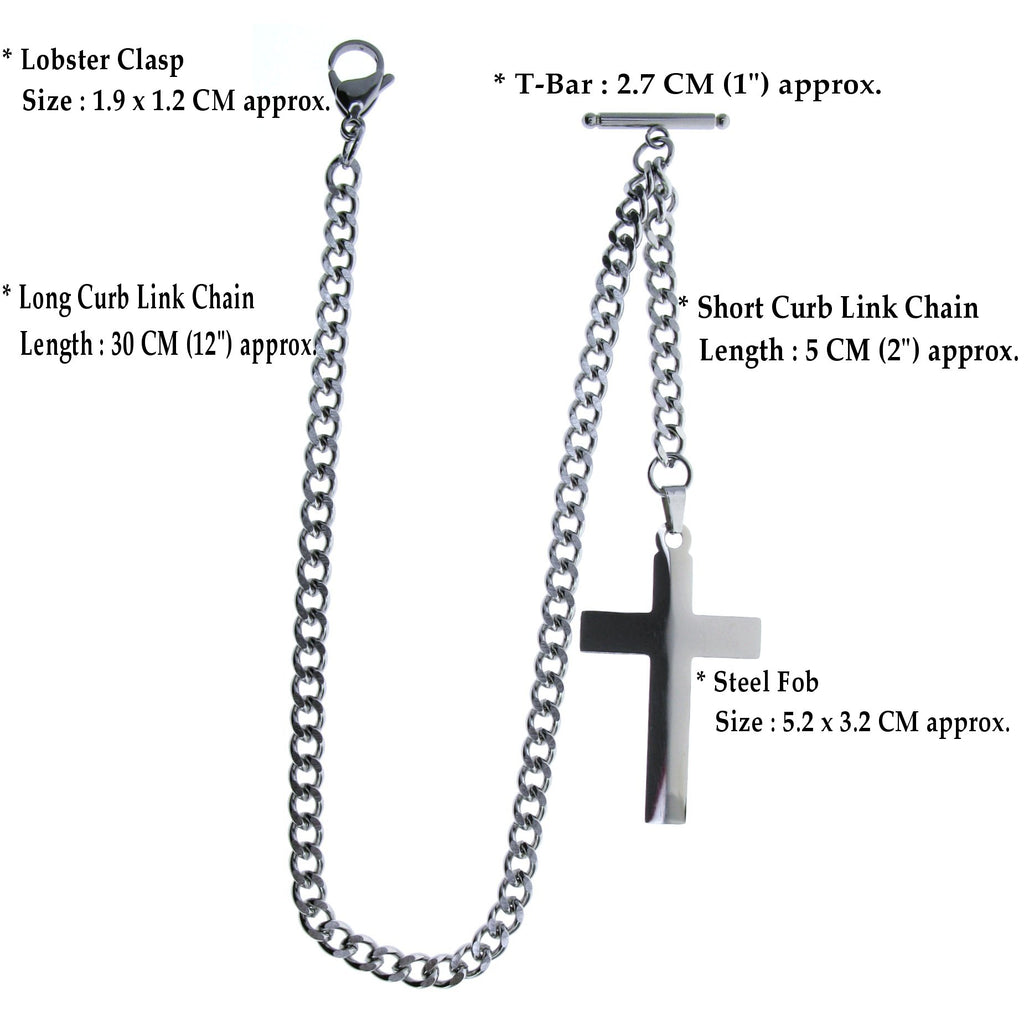 Albert Chain Pocket Watch Chains for Men All Real Stainless Steel with Steel T-Bar and Steel Religious Cross Fob ACS07