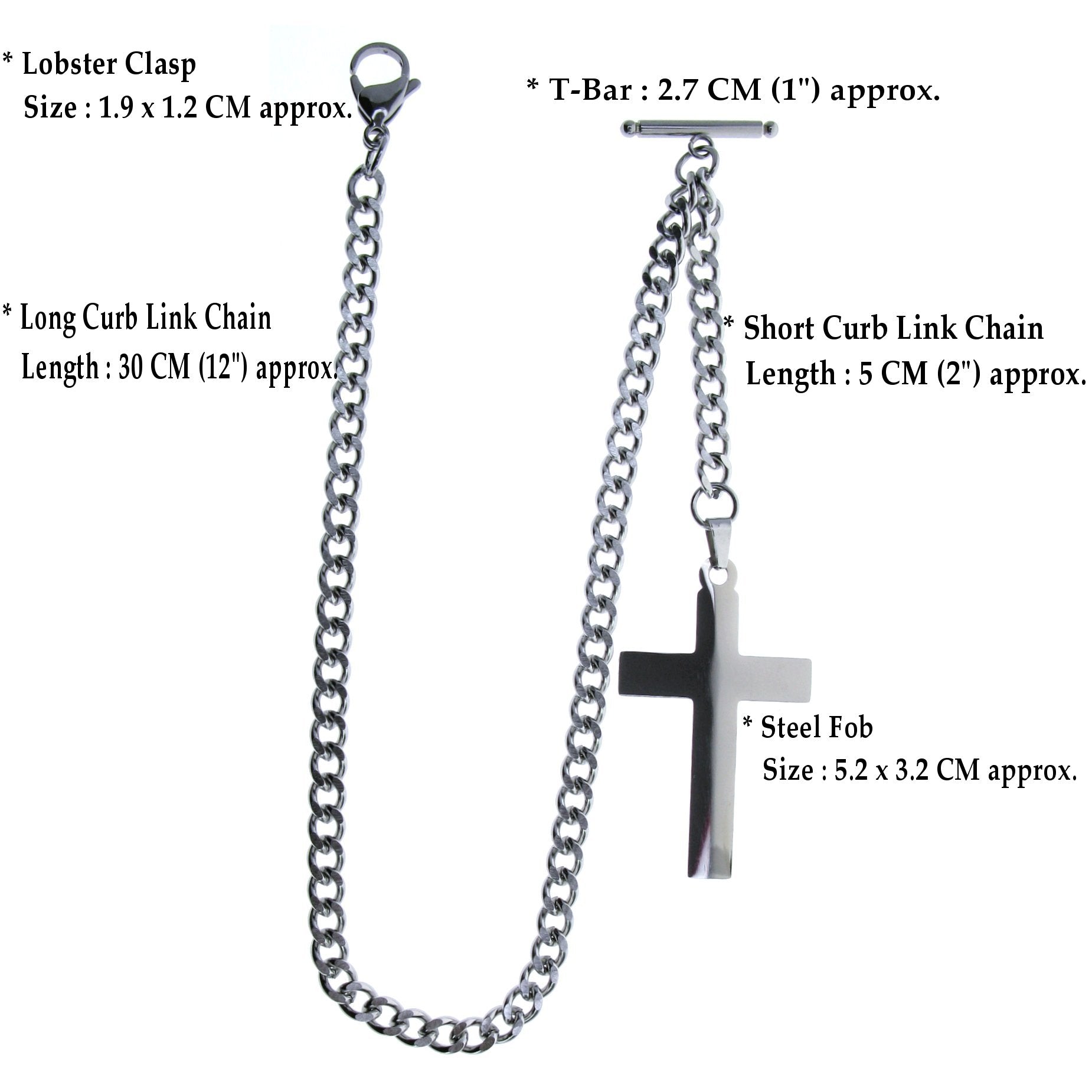 Albert Chain Pocket Watch Chains for Men All Real Stainless Steel with Steel T-Bar and Steel Religious Cross Fob ACS07