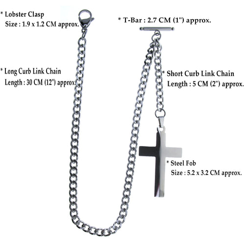 Albert Chain Pocket Watch Chains for Men All Real Stainless Steel with Steel T-Bar and Steel Religious Cross Fob ACS07