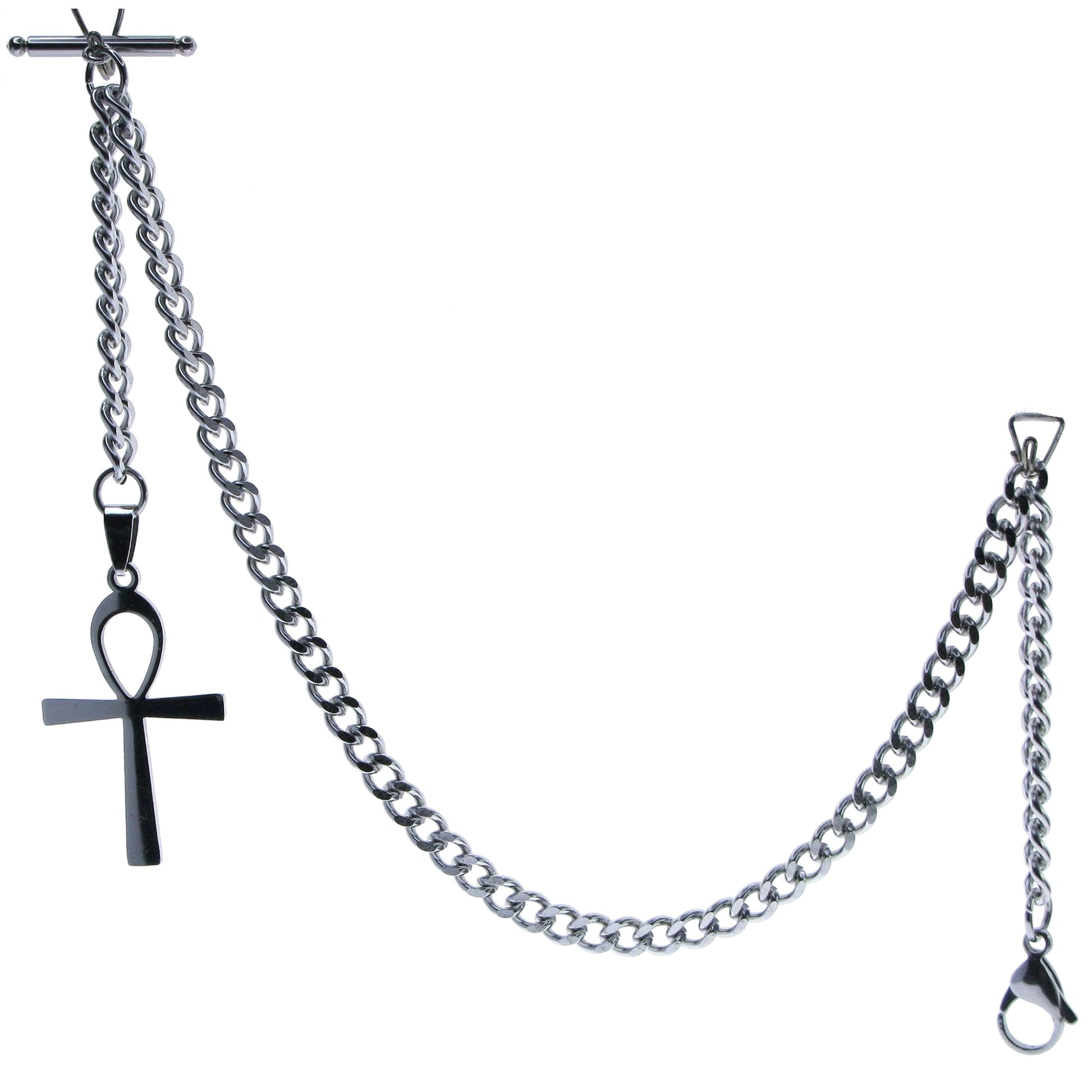 Albert Chain Pocket Watch Chains for Men All Real Stainless Steel with Steel T-Bar and Steel Religious Cross Fob ACS08
