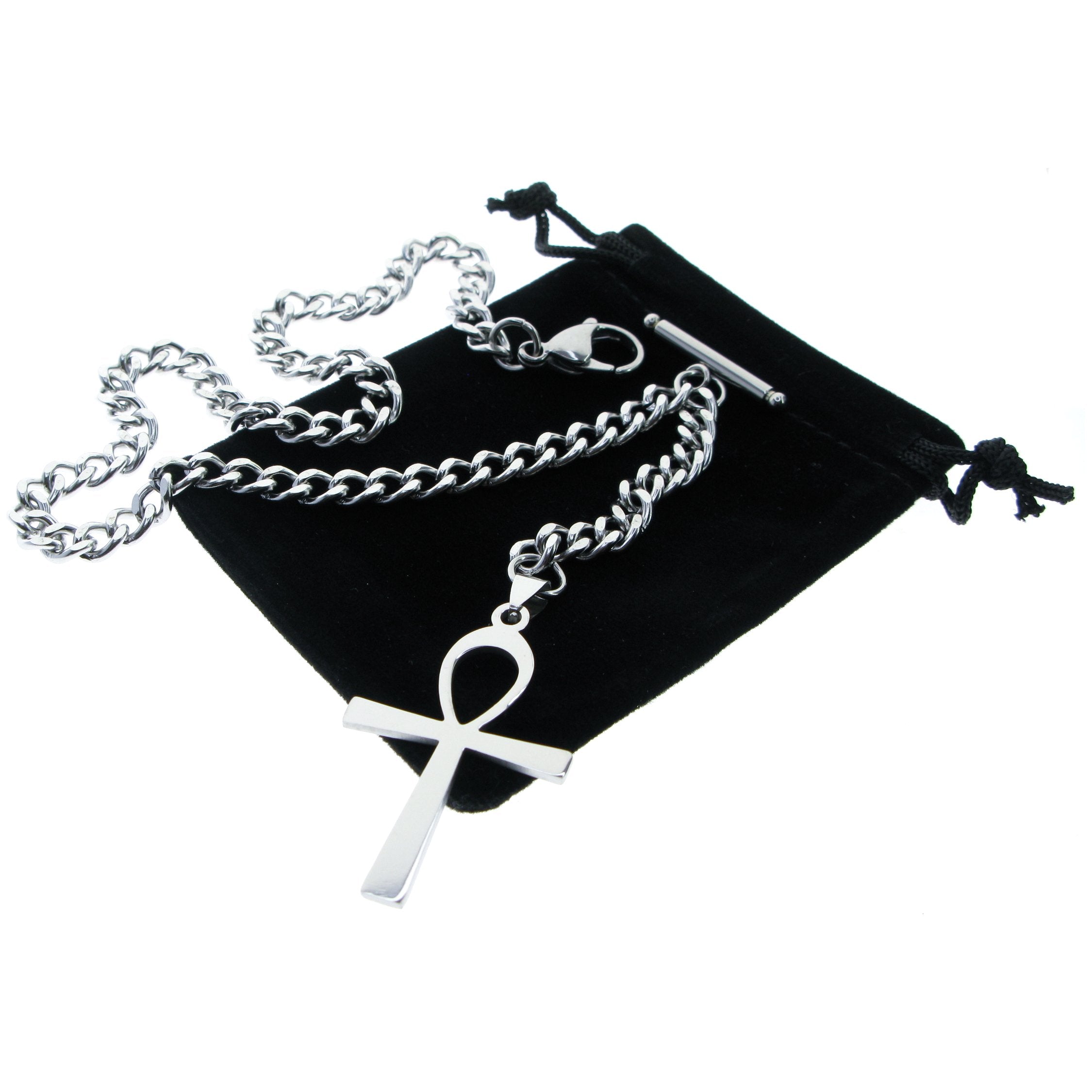 Albert Chain Pocket Watch Chains for Men All Real Stainless Steel with Steel T-Bar and Steel Religious Cross Fob ACS08