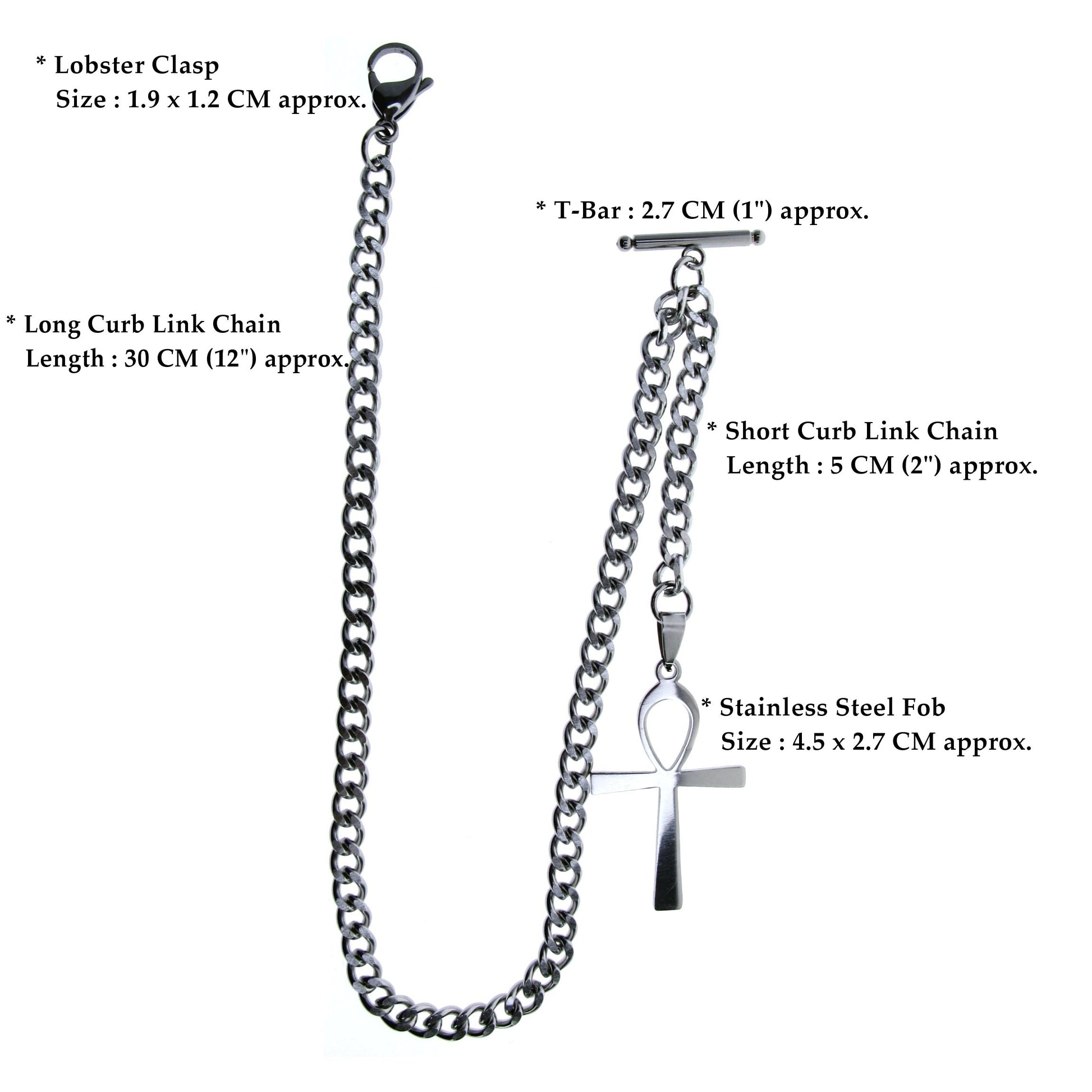 Albert Chain Pocket Watch Chains for Men All Real Stainless Steel with Steel T-Bar and Steel Religious Cross Fob ACS08
