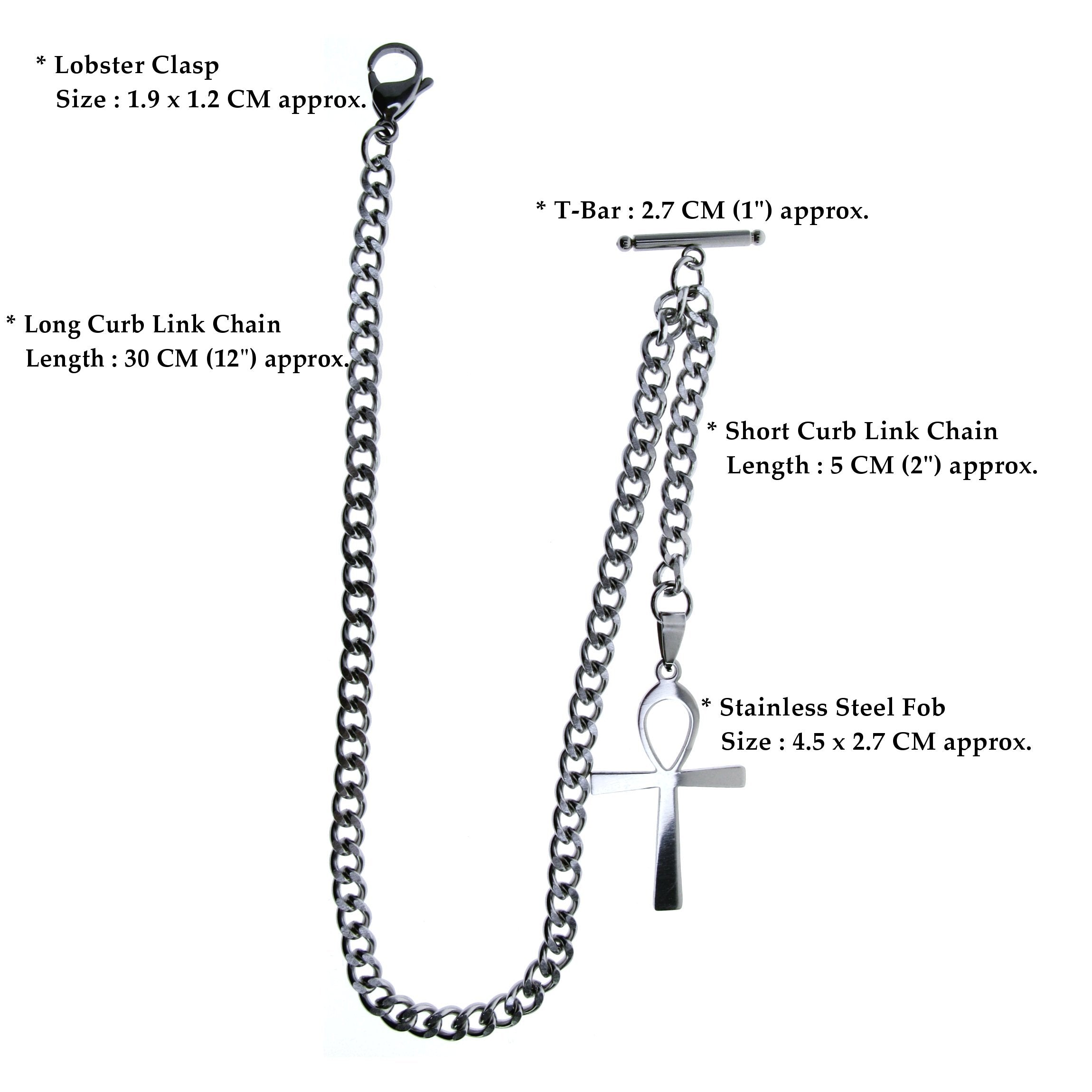 Albert Chain Pocket Watch Chains for Men All Real Stainless Steel with Steel T-Bar and Steel Religious Cross Fob ACS08