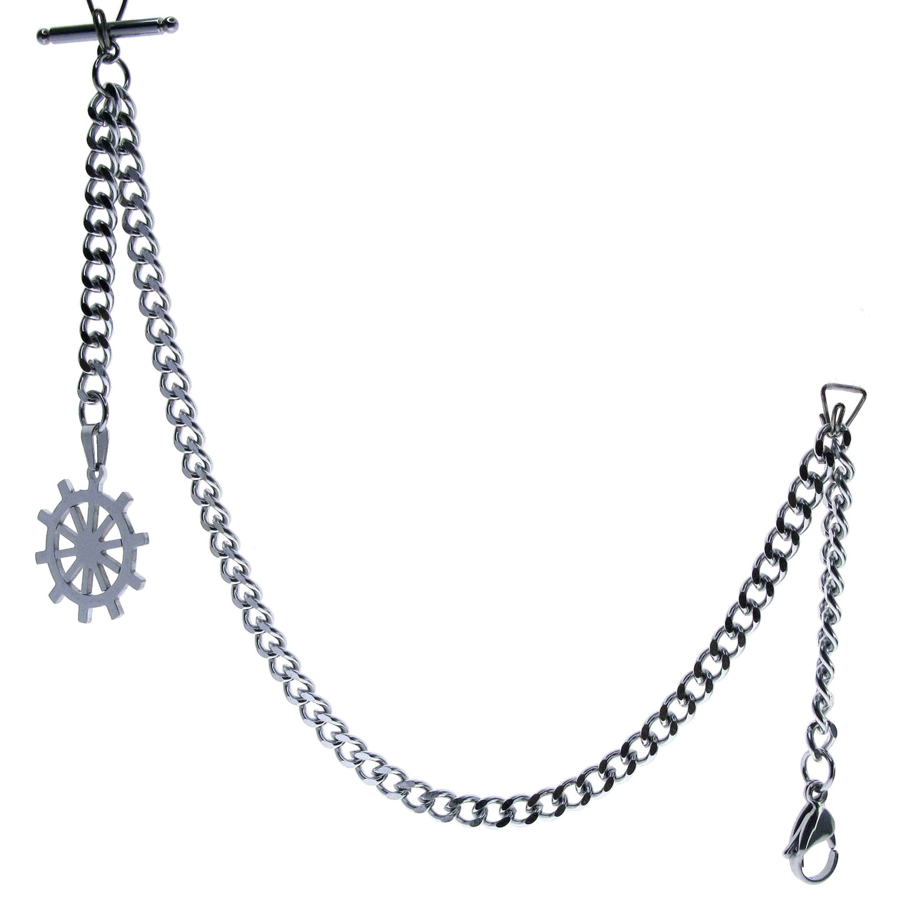 Albert Chain Pocket Watch Chains for Men All Real Stainless Steel with Steel T-Bar and Steel Ship Wheel Fob ACS09