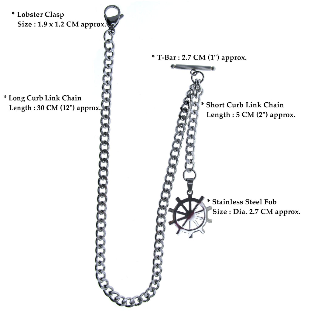 Albert Chain Pocket Watch Chains for Men All Real Stainless Steel with Steel T-Bar and Steel Ship Wheel Fob ACS09