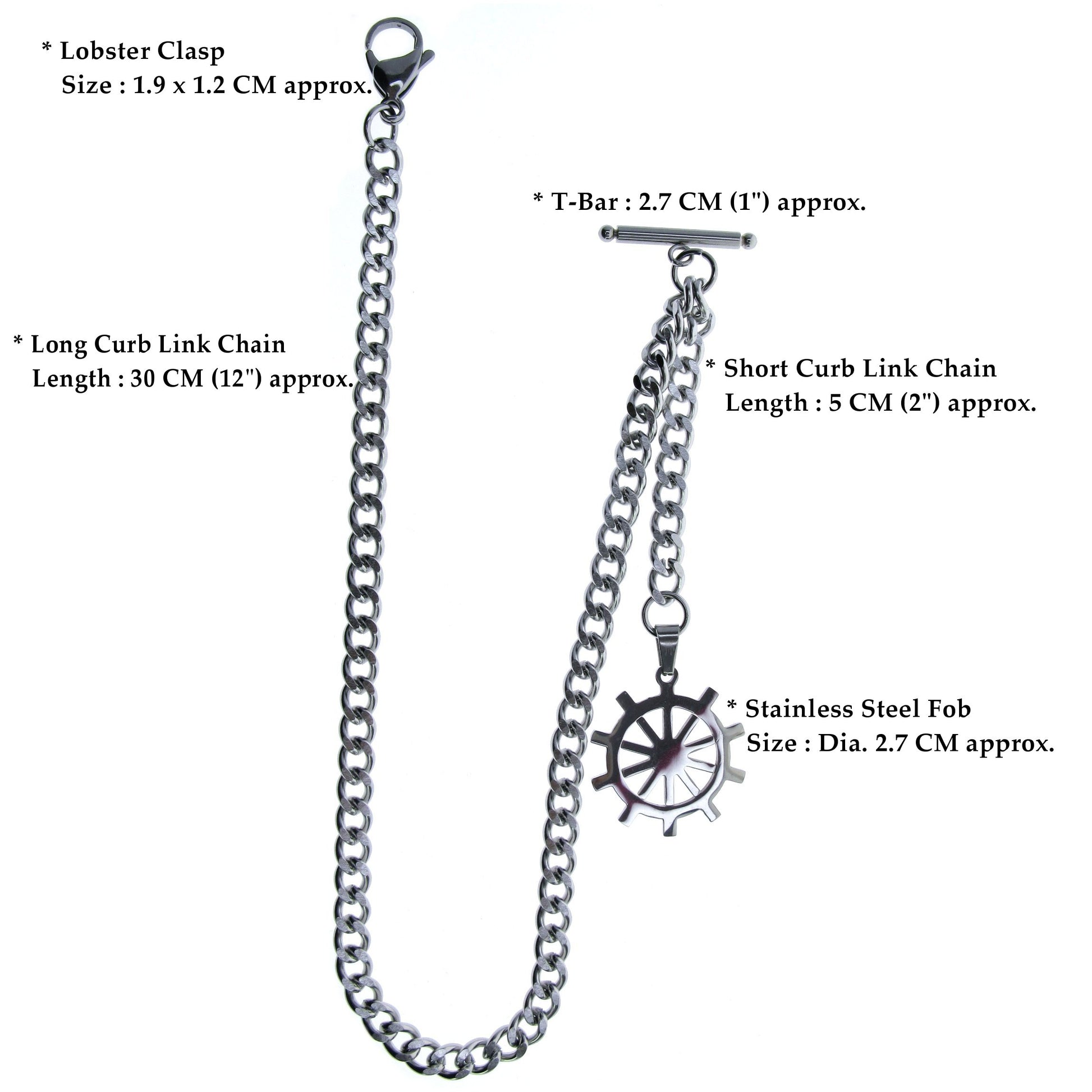 Albert Chain Pocket Watch Chains for Men All Real Stainless Steel with Steel T-Bar and Steel Ship Wheel Fob ACS09