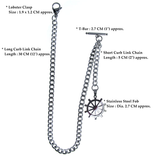 Albert Chain Pocket Watch Chains for Men All Real Stainless Steel with Steel T-Bar and Steel Ship Wheel Fob ACS09