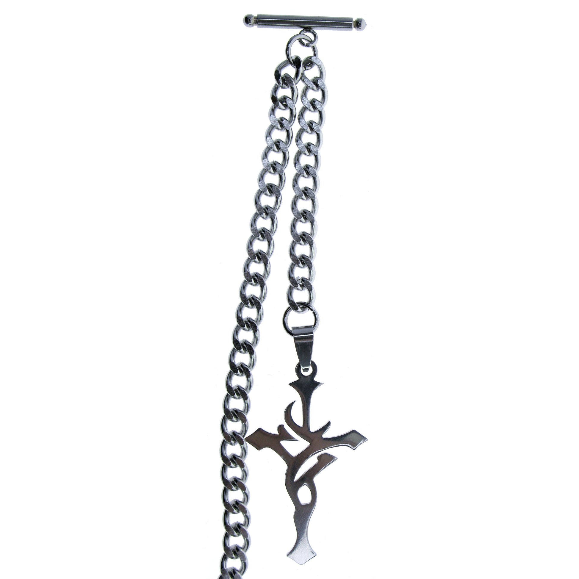 Albert Chain Pocket Watch Chains for Men All Real Stainless Steel with Steel T-Bar and Steel Religious Cross Design Fob ACS10