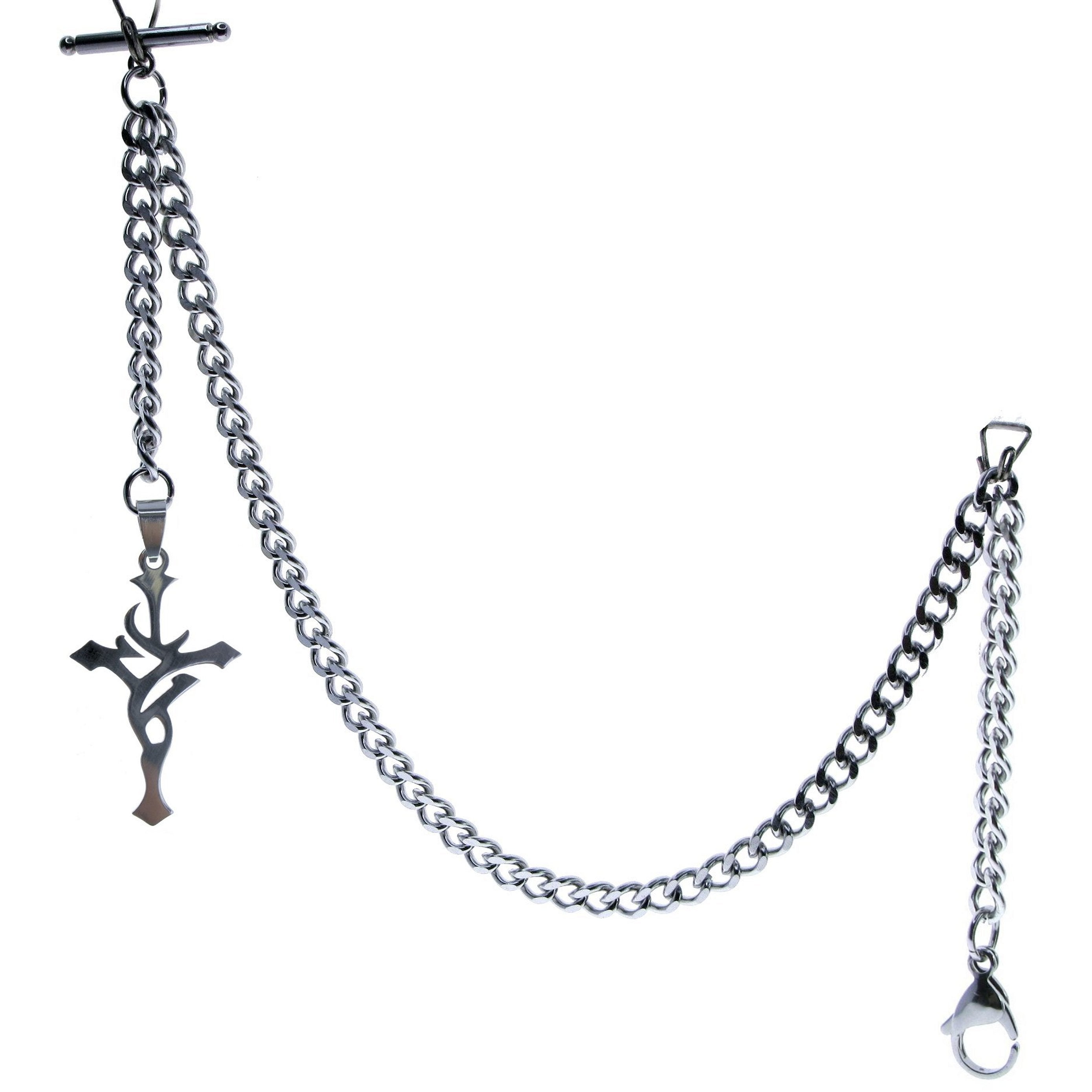 Albert Chain Pocket Watch Chains for Men All Real Stainless Steel with Steel T-Bar and Steel Religious Cross Design Fob ACS10