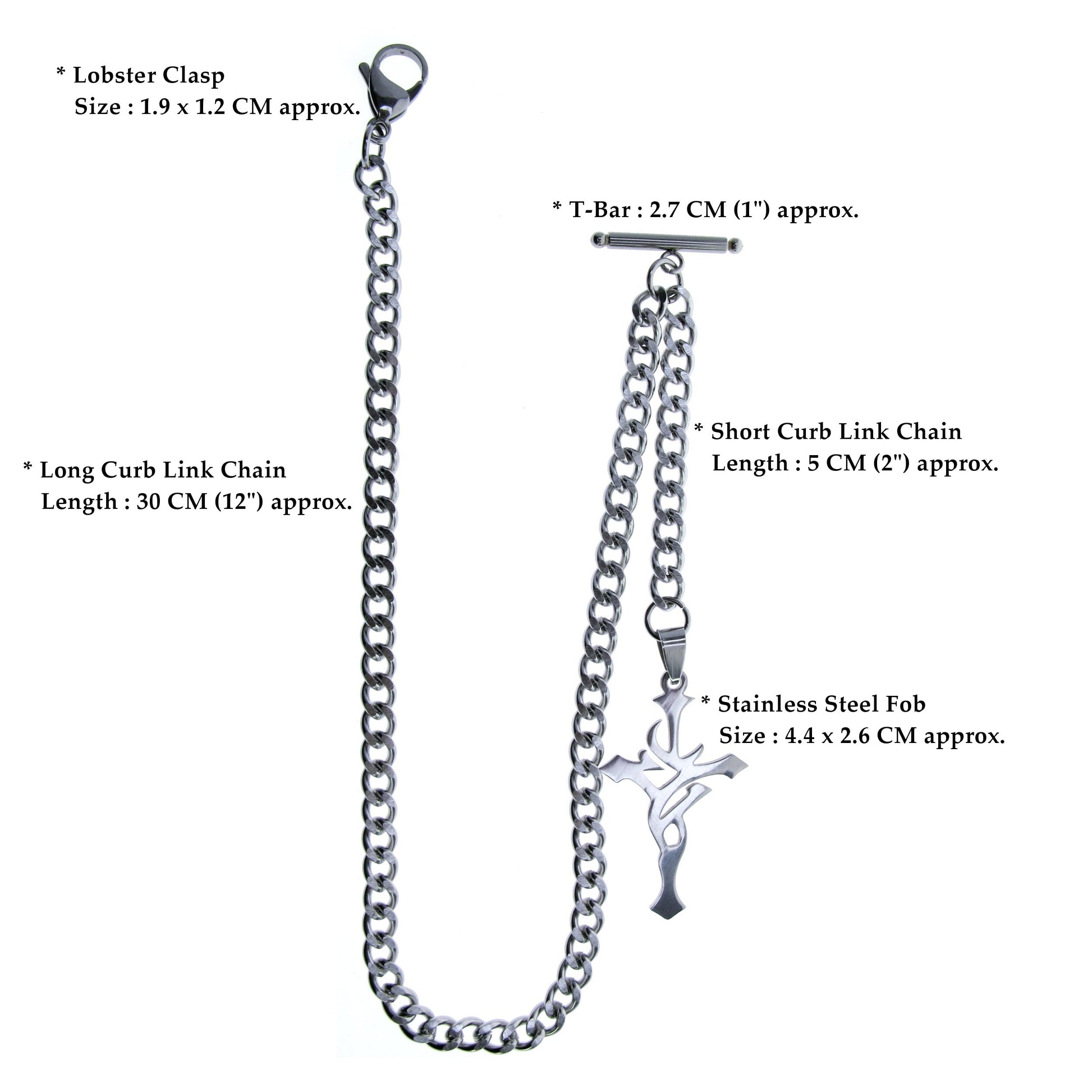 Albert Chain Pocket Watch Chains for Men All Real Stainless Steel with Steel T-Bar and Steel Religious Cross Design Fob ACS10