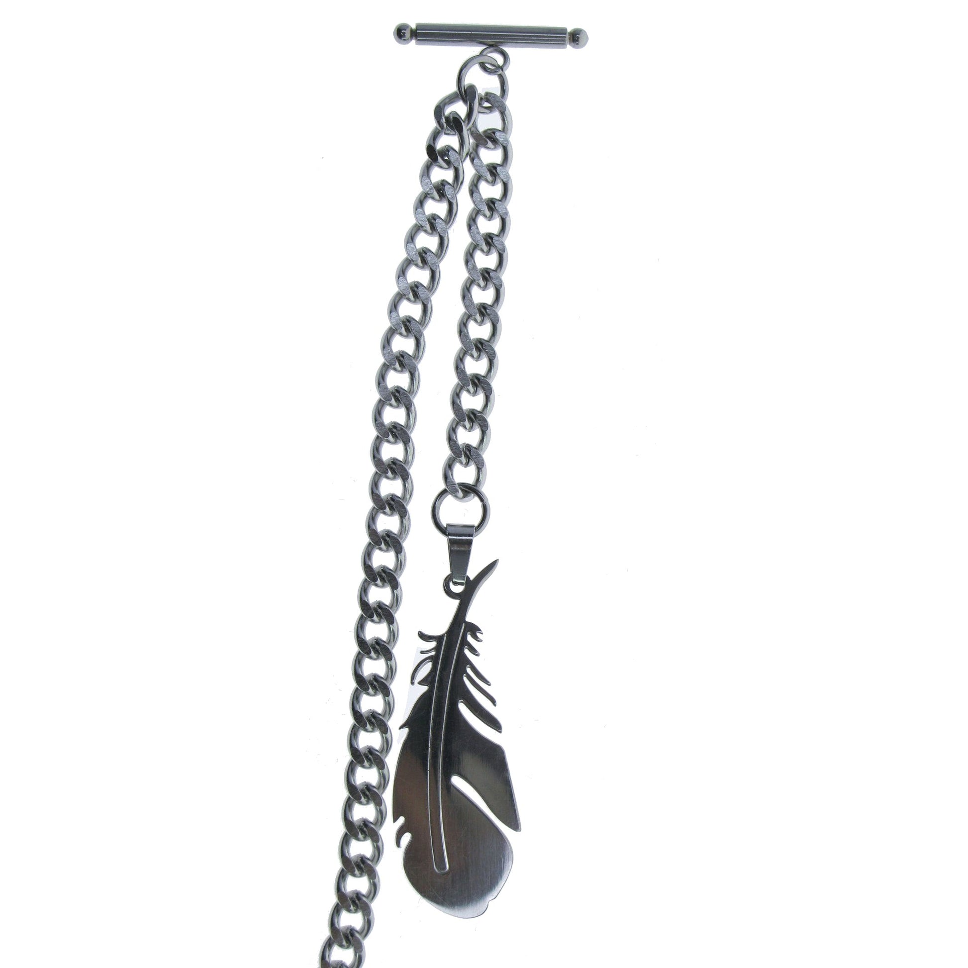 Albert Chain Pocket Watch Chains for Men All Real Stainless Steel with Steel T-Bar and Steel Feather Design Fob ACS11