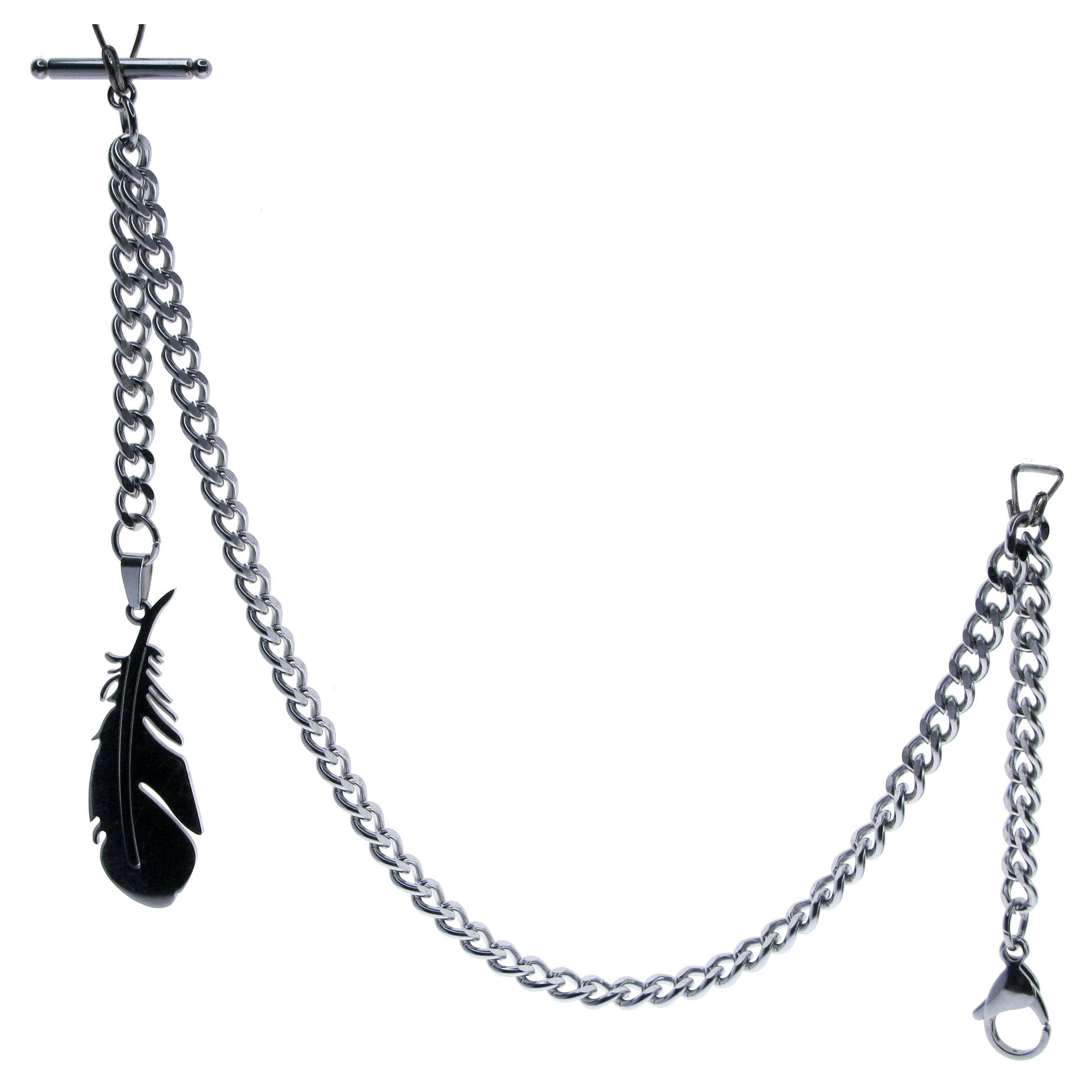 Albert Chain Pocket Watch Chains for Men All Real Stainless Steel with Steel T-Bar and Steel Feather Design Fob ACS11