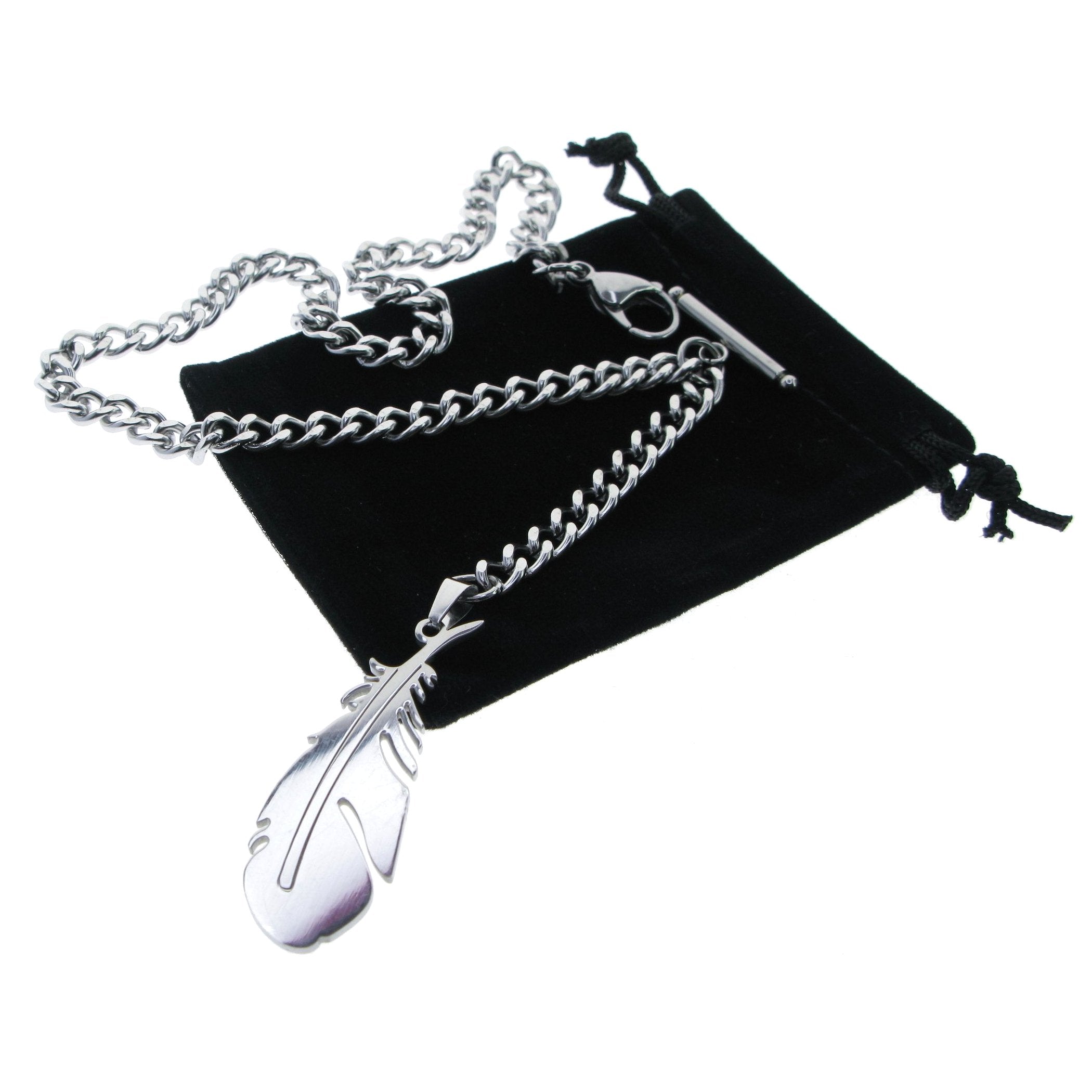 Albert Chain Pocket Watch Chains for Men All Real Stainless Steel with Steel T-Bar and Steel Feather Design Fob ACS11