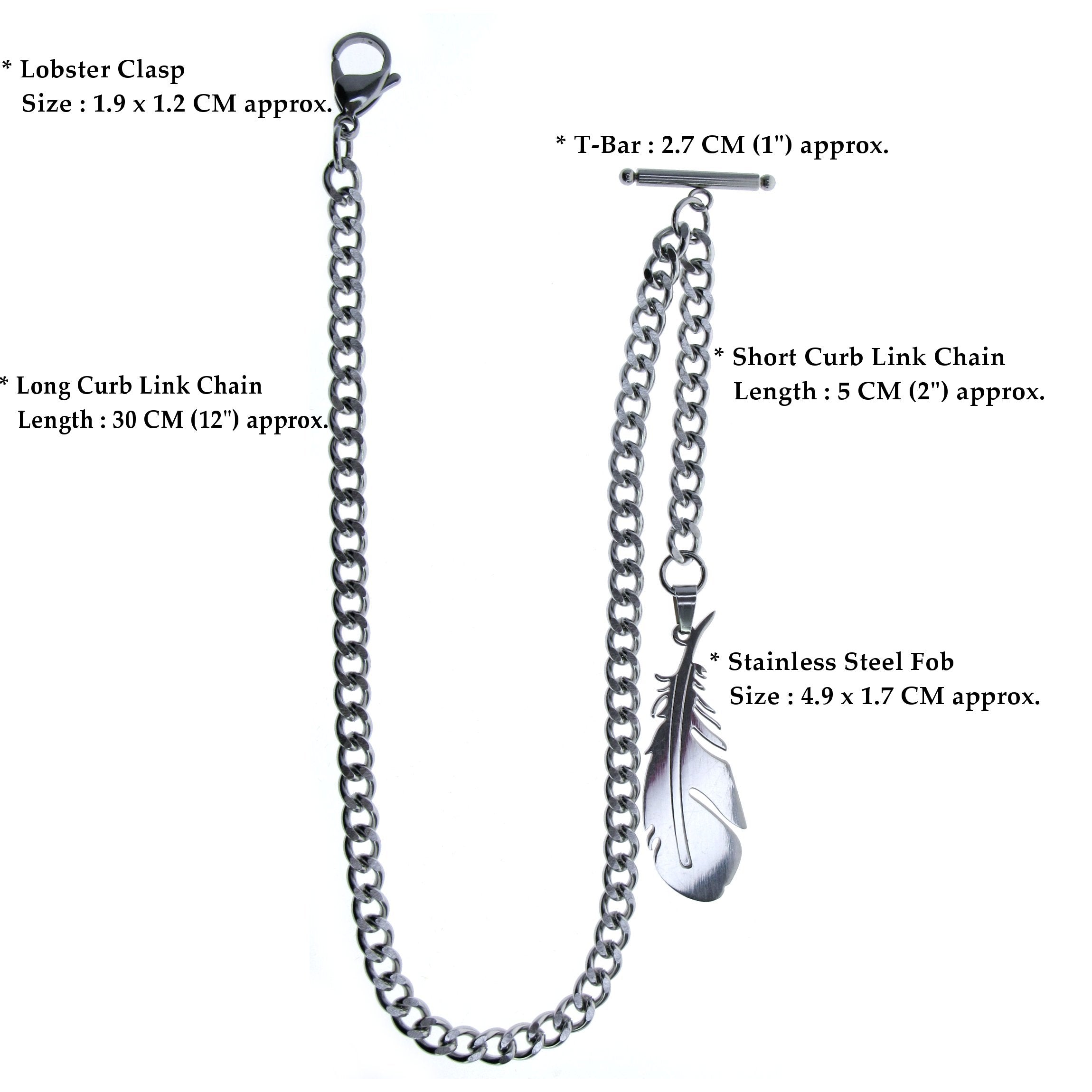 Albert Chain Pocket Watch Chains for Men All Real Stainless Steel with Steel T-Bar and Steel Feather Design Fob ACS11