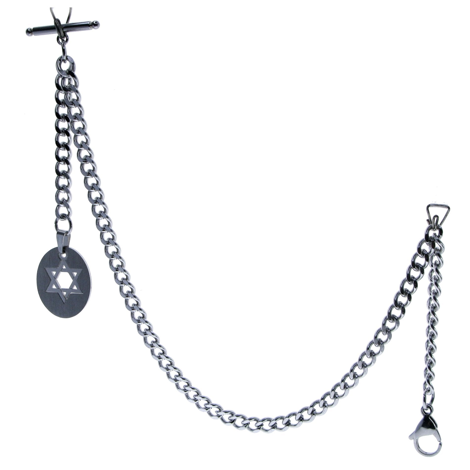 Albert Chain Pocket Watch Chains for Men All Real Stainless Steel with Steel T-Bar and Steel Hollow Star Medal Fob ACS12