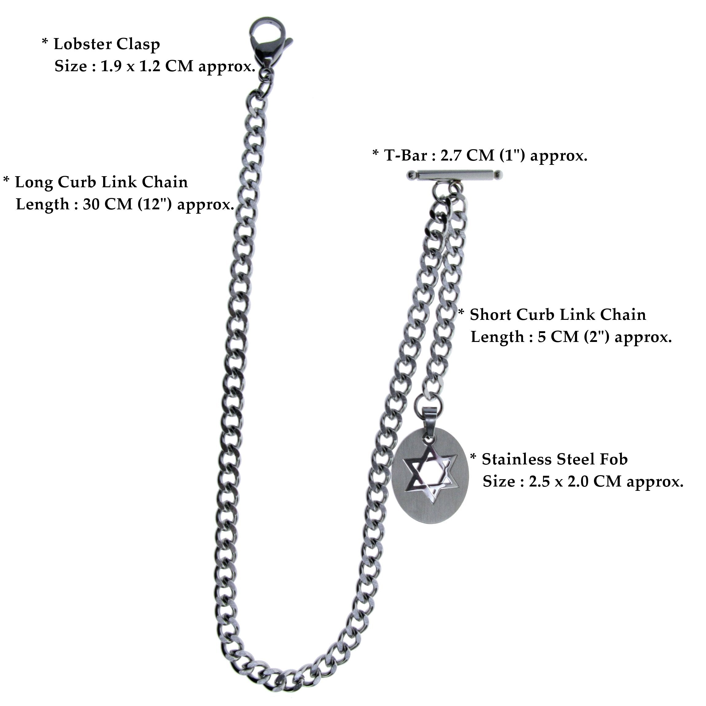 Albert Chain Pocket Watch Chains for Men All Real Stainless Steel with Steel T-Bar and Steel Hollow Star Medal Fob ACS12