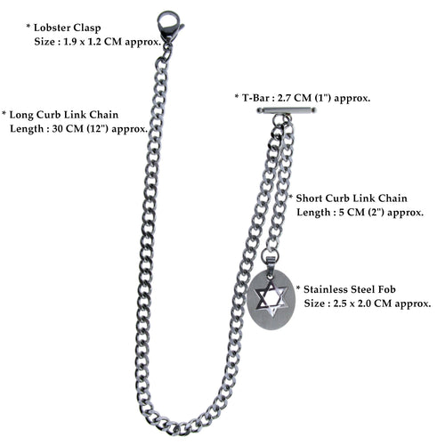 Albert Chain Pocket Watch Chains for Men All Real Stainless Steel with Steel T-Bar and Steel Hollow Star Medal Fob ACS12