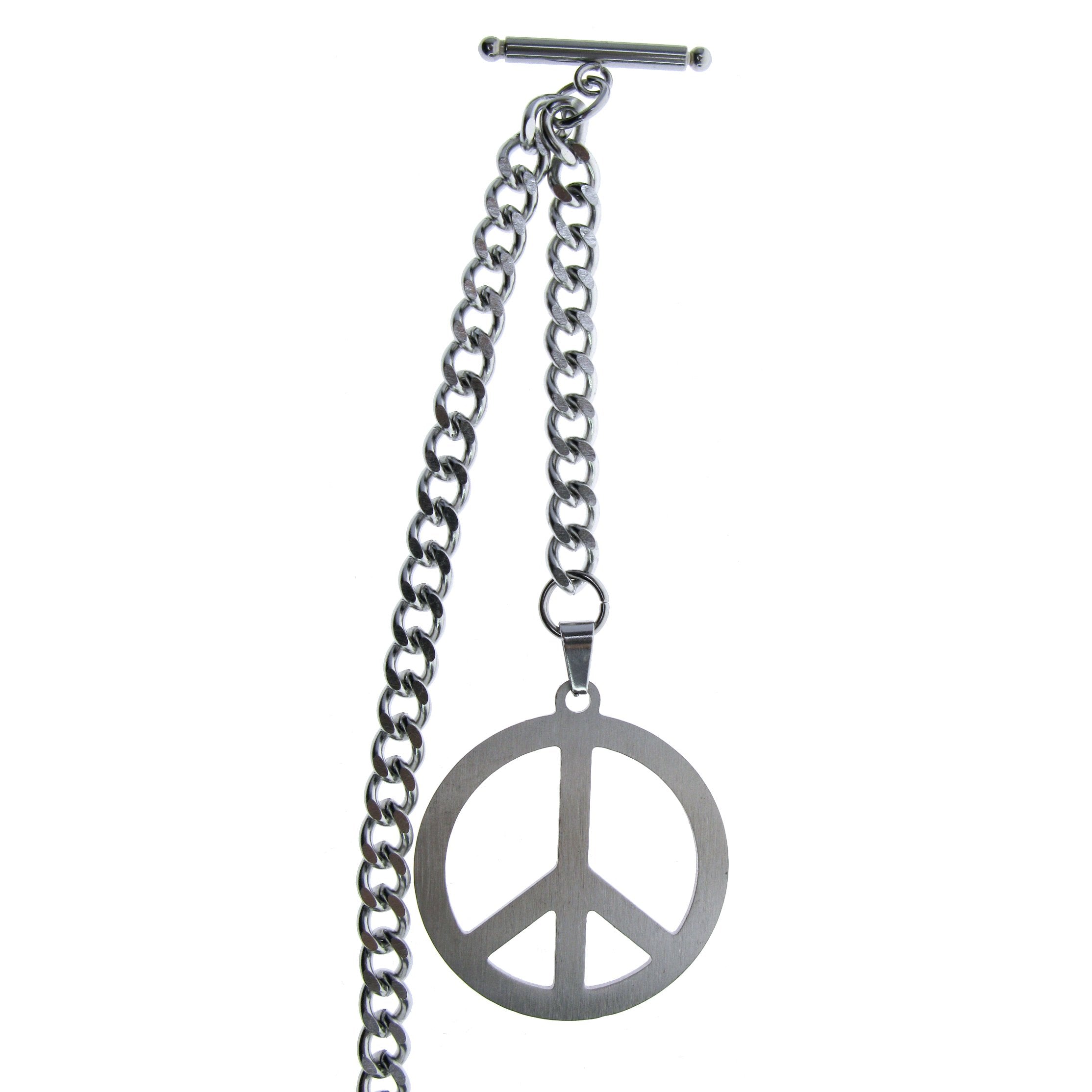 Albert Chain Pocket Watch Chains for Men All Real Stainless Steel with Steel T-Bar and Steel Peace Sign Medal Fob ACS13
