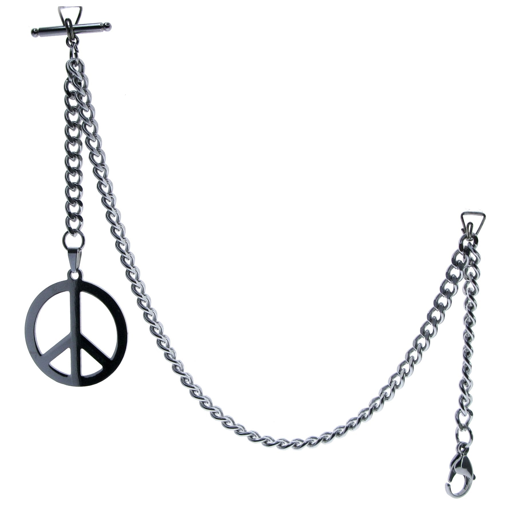 Albert Chain Pocket Watch Chains for Men All Real Stainless Steel with Steel T-Bar and Steel Peace Sign Medal Fob ACS13