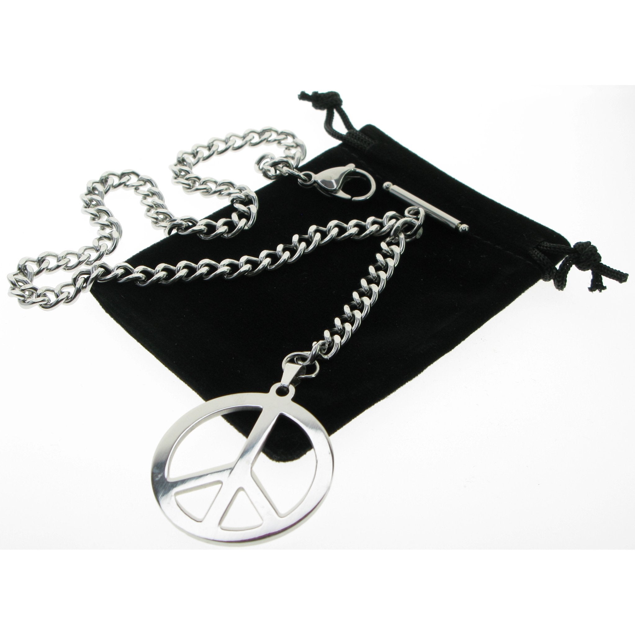 Albert Chain Pocket Watch Chains for Men All Real Stainless Steel with Steel T-Bar and Steel Peace Sign Medal Fob ACS13