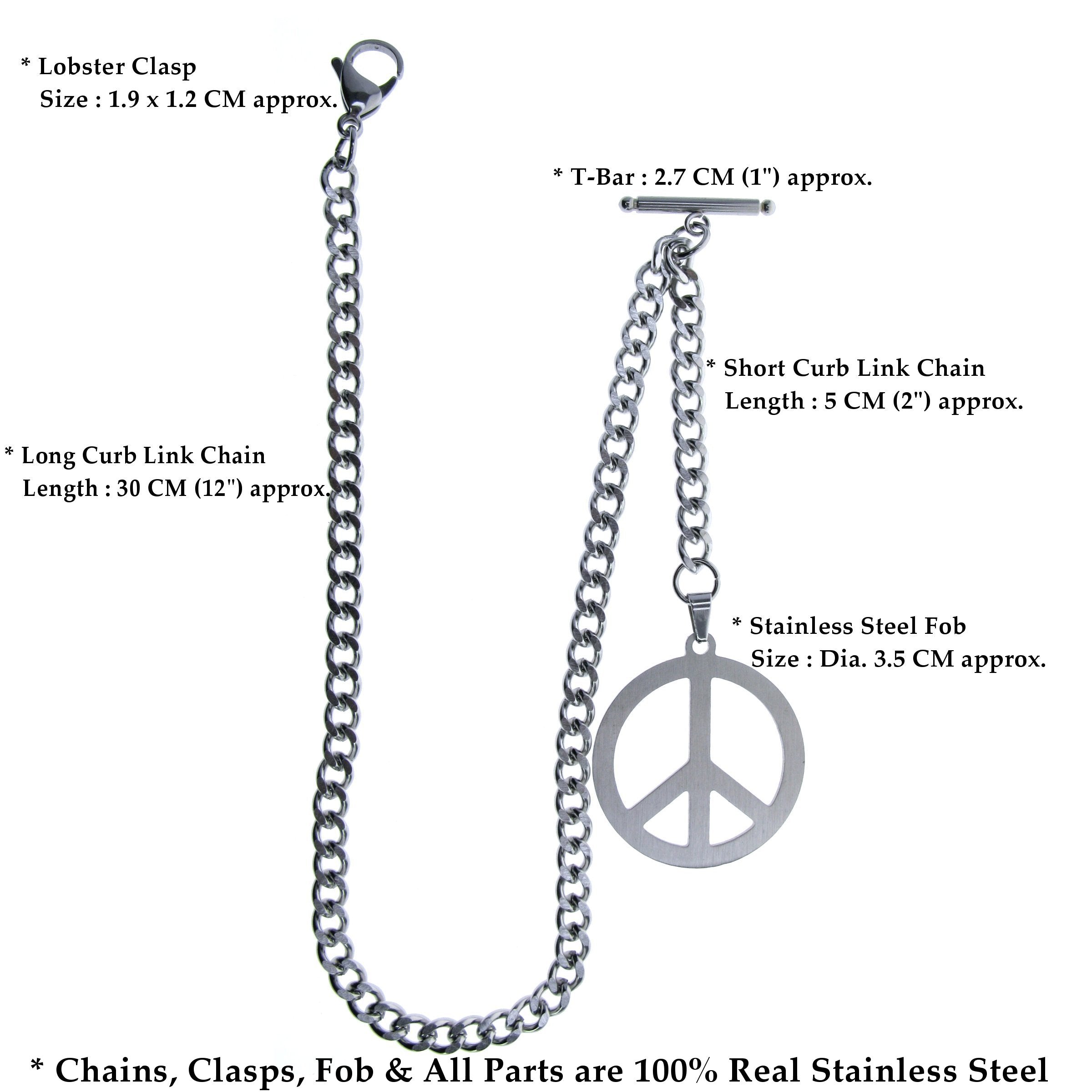 Albert Chain Pocket Watch Chains for Men All Real Stainless Steel with Steel T-Bar and Steel Peace Sign Medal Fob ACS13