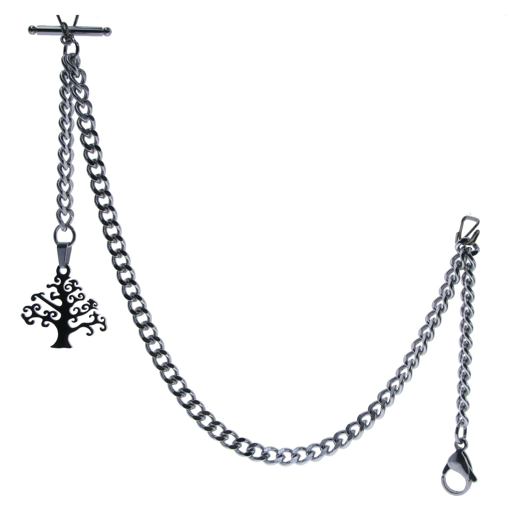 Albert Chain Pocket Watch Chains for Men All Real Stainless Steel with T-Bar and Life-Tree Design Fob ACS14