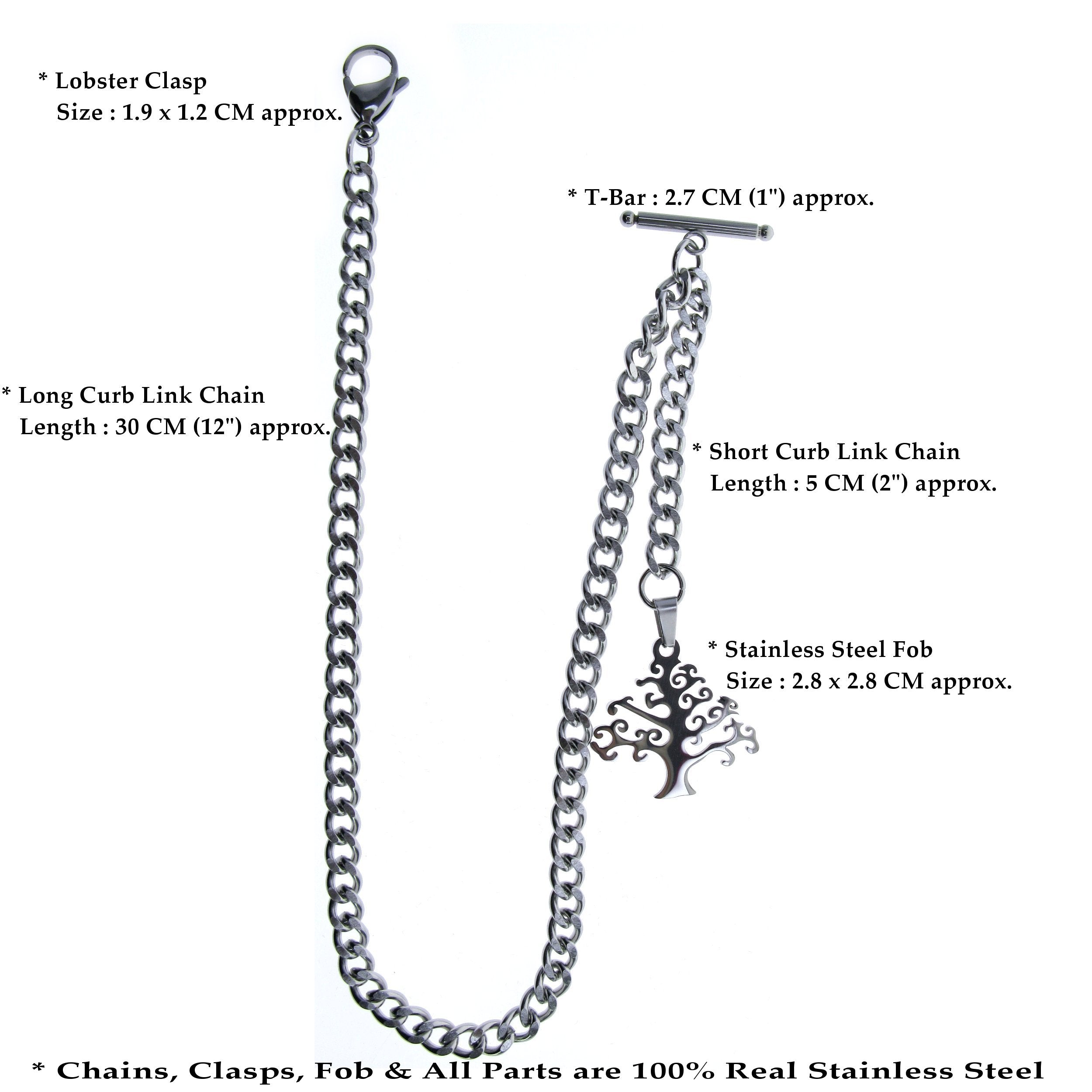 Albert Chain Pocket Watch Chains for Men All Real Stainless Steel with T-Bar and Life-Tree Design Fob ACS14